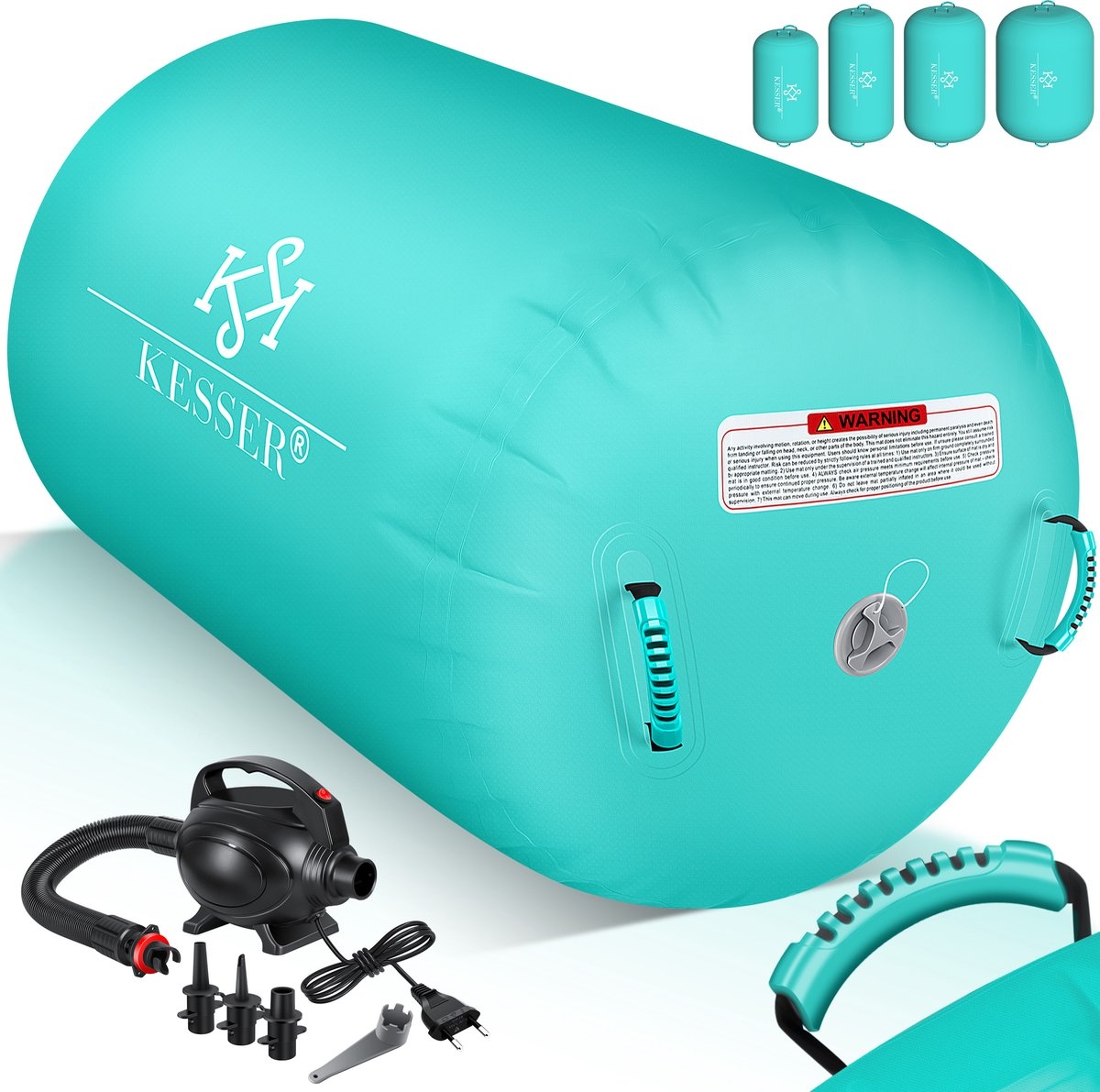 Fitness rol - 90 x 120 cm - airtrack opblaasbaare gymnastiek rol - air roll - met elektrische pomp - mint groen