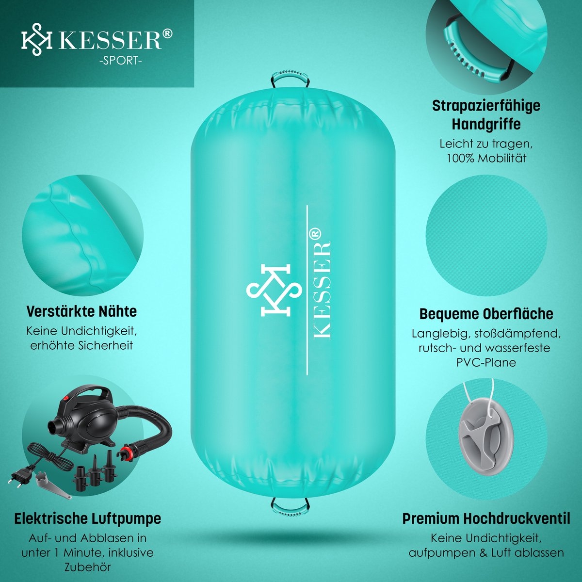 Fitness rol - 90 x 120 cm - airtrack opblaasbaare gymnastiek rol - air roll - met elektrische pomp - mint groen - Afbeelding 3