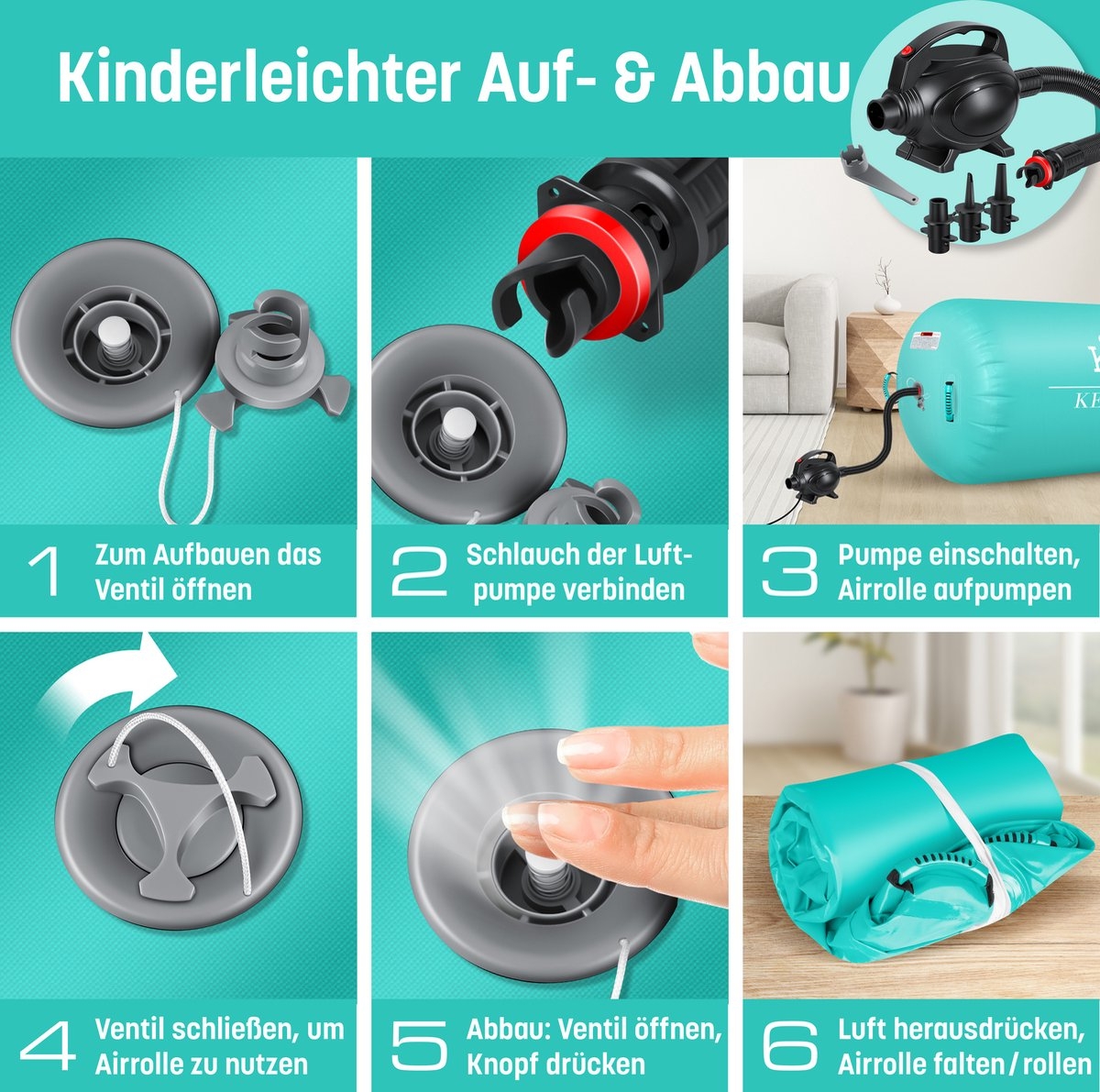 Fitness rol - 90 x 120 cm - airtrack opblaasbaare gymnastiek rol - air roll - met elektrische pomp - mint groen - Afbeelding 4