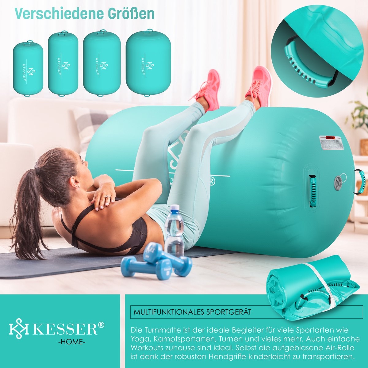 Fitness rol - 90 x 120 cm - airtrack opblaasbaare gymnastiek rol - air roll - met elektrische pomp - mint groen - Afbeelding 6