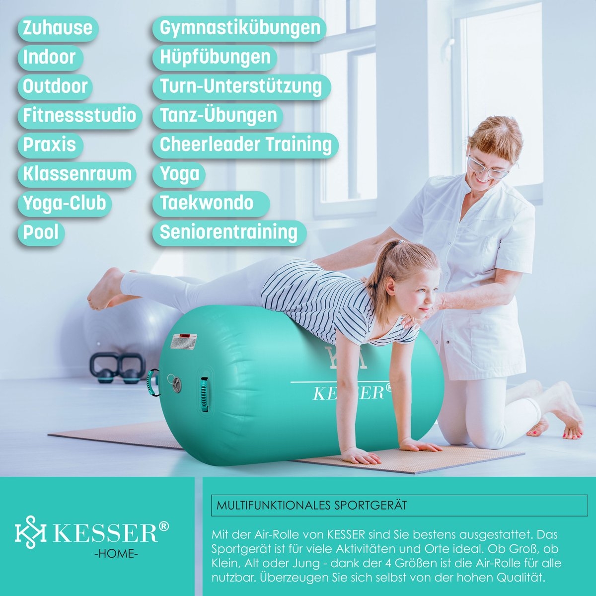 Fitness rol - 90 x 120 cm - airtrack opblaasbaare gymnastiek rol - air roll - met elektrische pomp - mint groen - Afbeelding 9