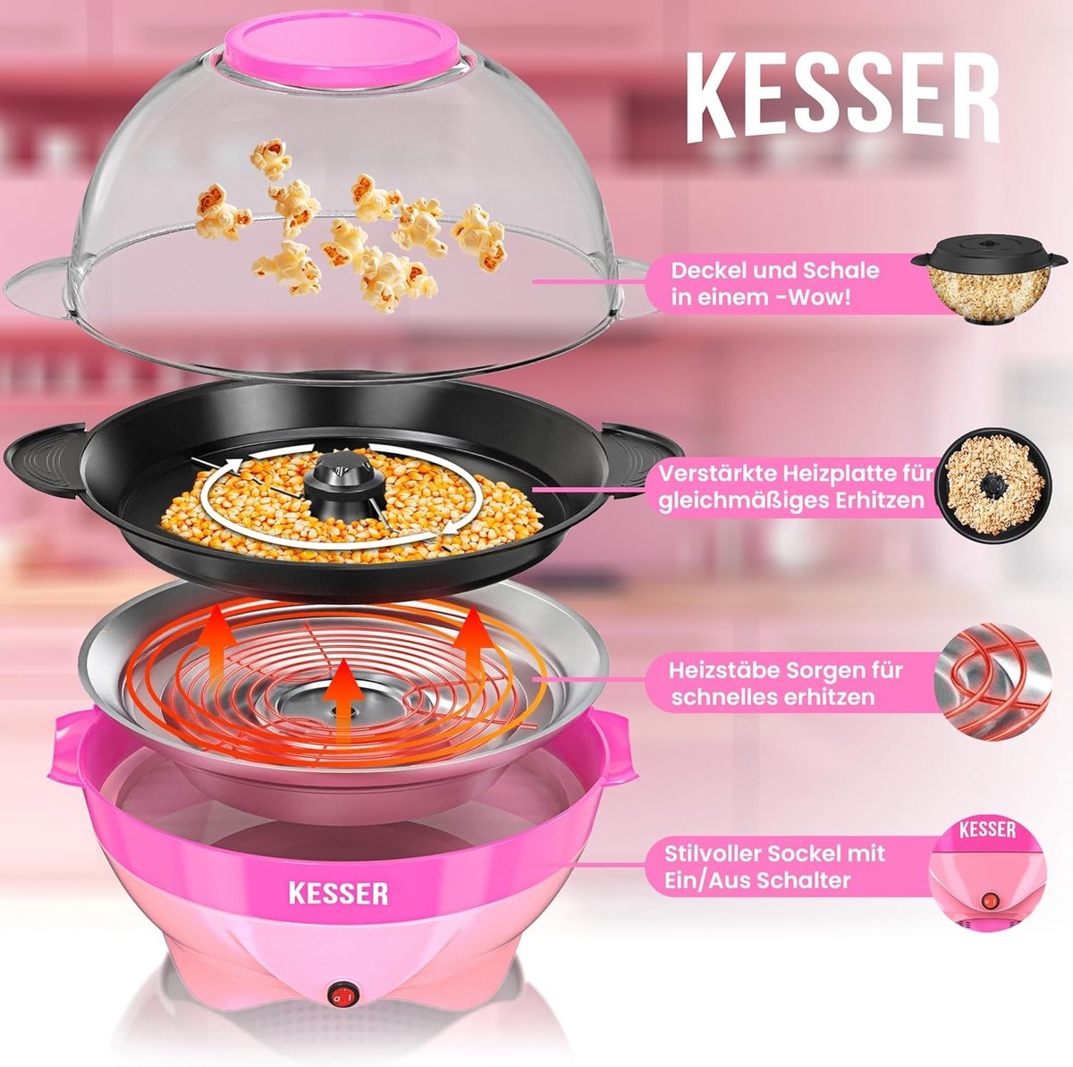 Popcornmachine - popcornmaker - 5,5 liter - met anti-aanbaklaag - deksel en serveerschaal - Afbeelding 14