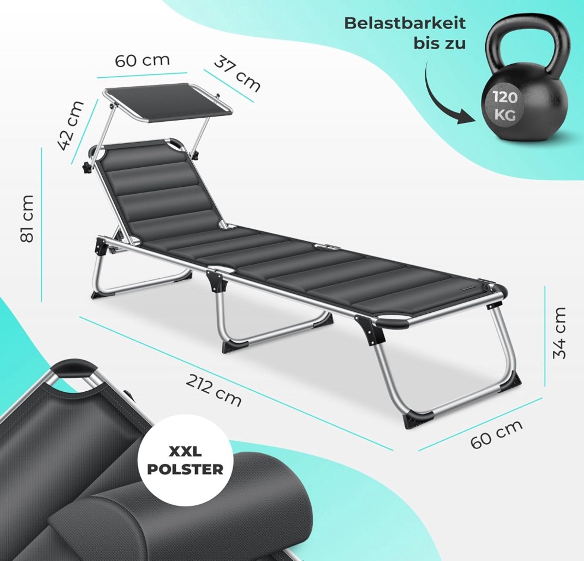 Ligstoel - loungebed - lengte 212 cm - alu frame - zonnedak - zacht ligvlak