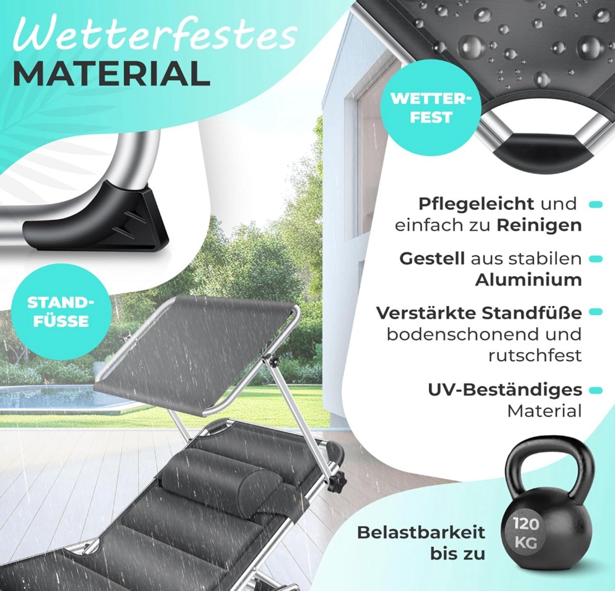 Ligstoel - loungebed - lengte 212 cm - alu frame - zonnedak - zacht ligvlak - Afbeelding 2