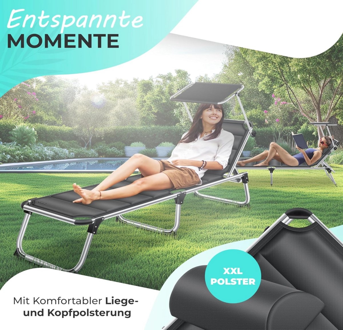 Ligstoel - loungebed - lengte 212 cm - alu frame - zonnedak - zacht ligvlak - Afbeelding 3
