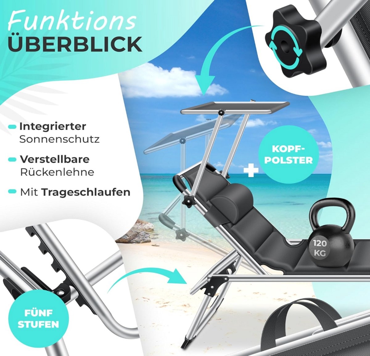 Ligstoel - loungebed - lengte 212 cm - alu frame - zonnedak - zacht ligvlak - Afbeelding 5