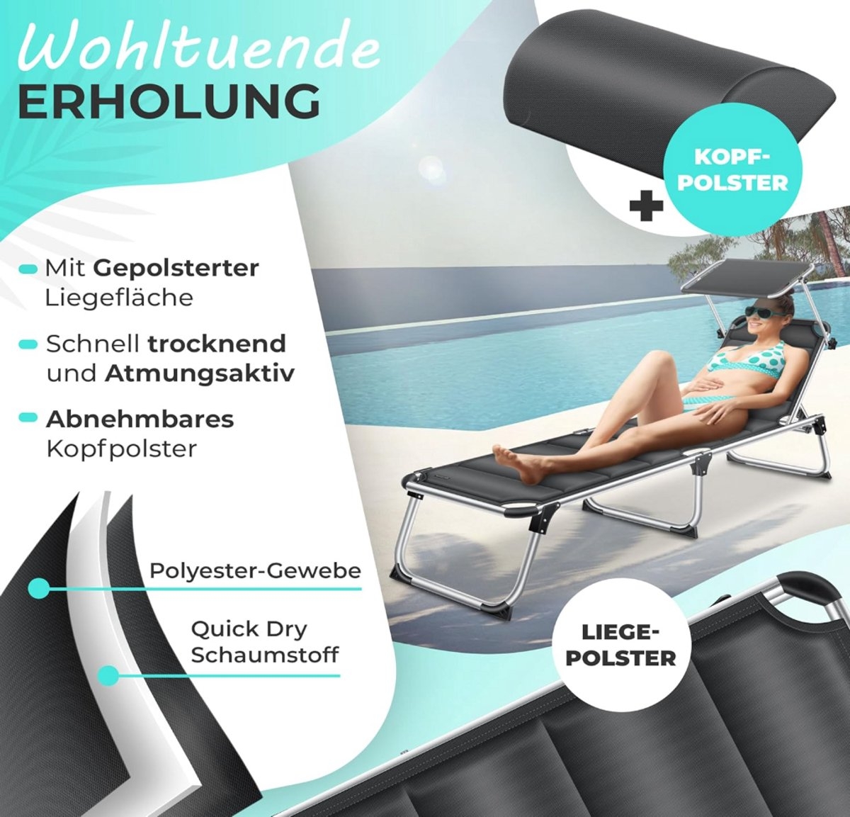 Ligstoel - loungebed - lengte 212 cm - alu frame - zonnedak - zacht ligvlak - Afbeelding 6