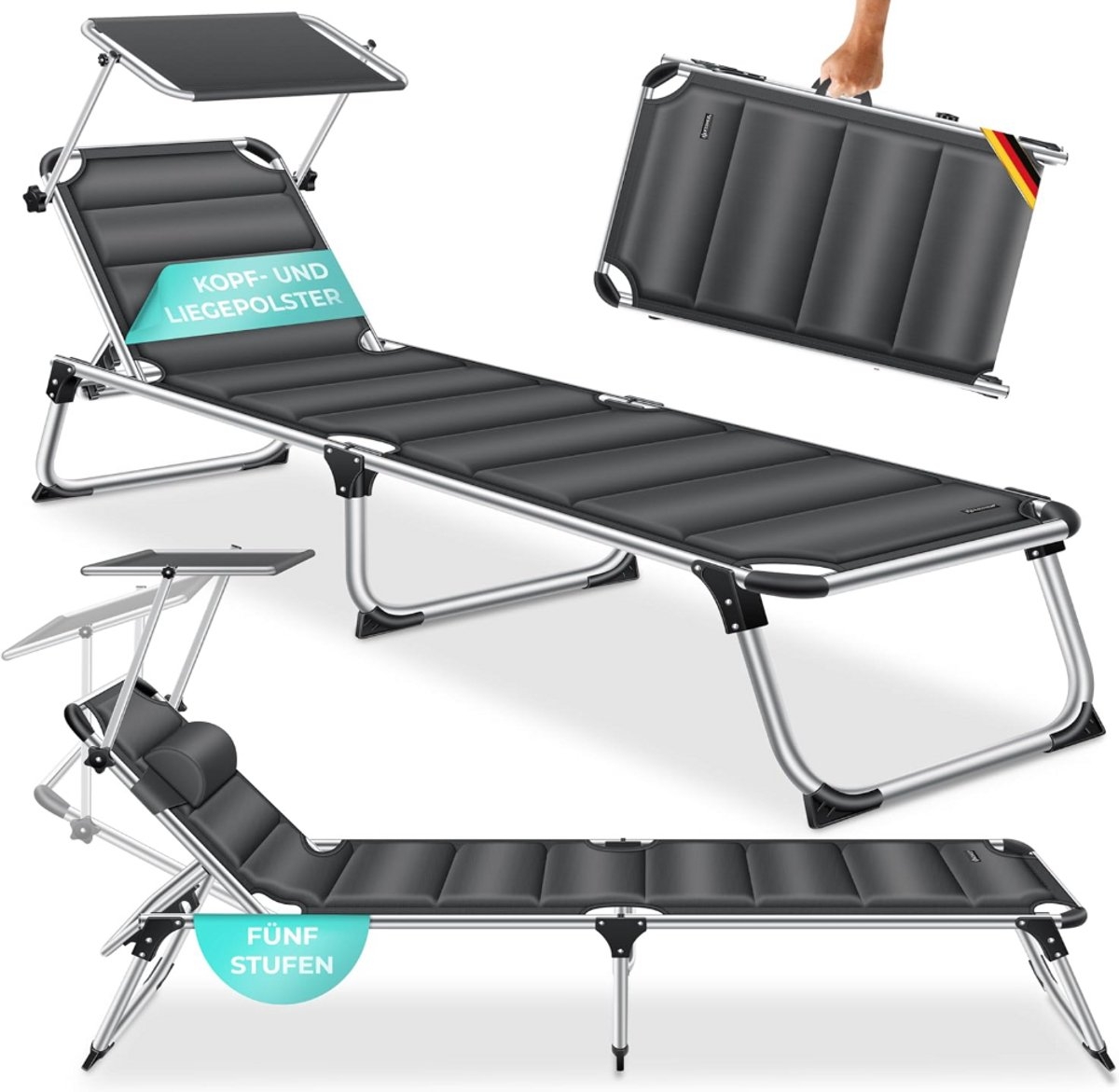 Ligstoel - loungebed - lengte 212 cm - alu frame - zonnedak - zacht ligvlak - Afbeelding 7