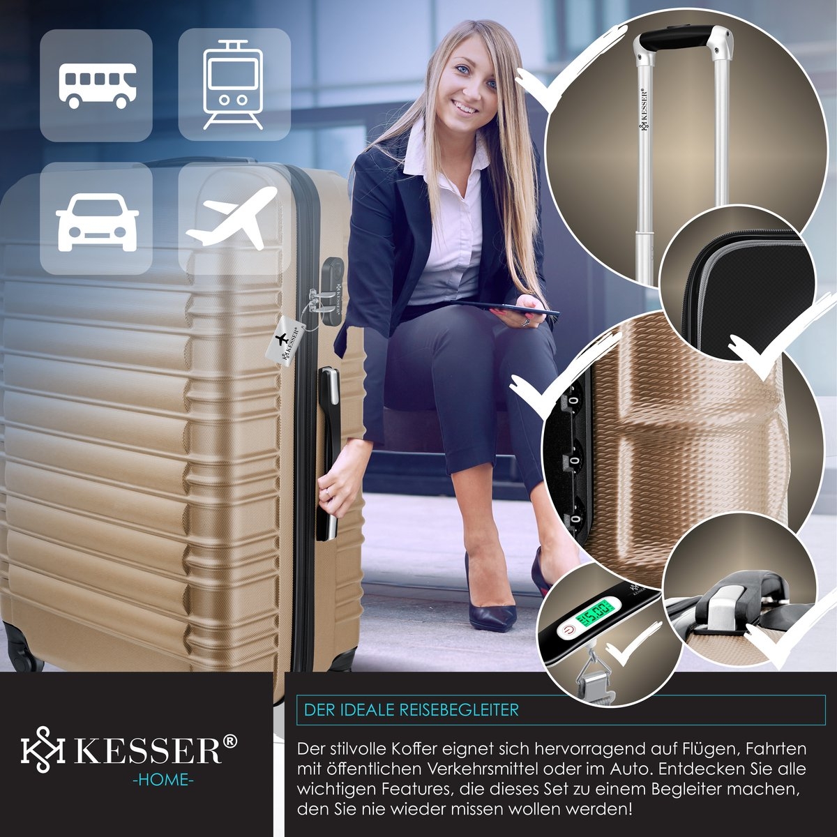 Koffer / Reiskoffer met 4 Wielen - 120 liter - 75 cm - met slot - ABS hardcase - telescopisch handvat - champagnekleur - Afbeelding 5