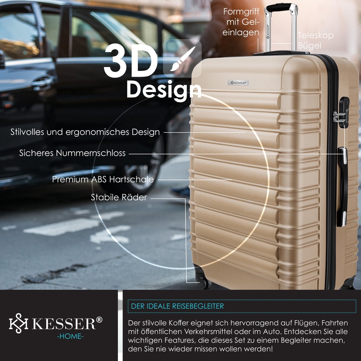 Koffer / Reiskoffer met 4 Wielen - 120 liter - 75 cm - met slot - ABS hardcase - telescopisch handvat - champagnekleur - Afbeelding 8