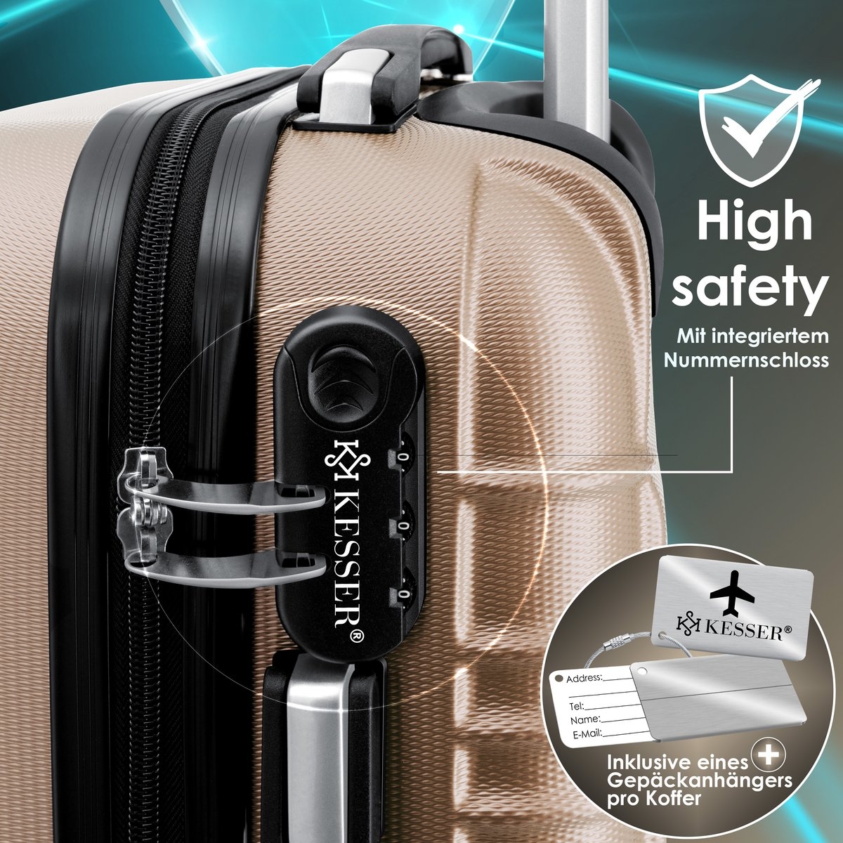 Koffer / Reiskoffer met 4 Wielen - 120 liter - 75 cm - met slot - ABS hardcase - telescopisch handvat - champagnekleur - Afbeelding 9