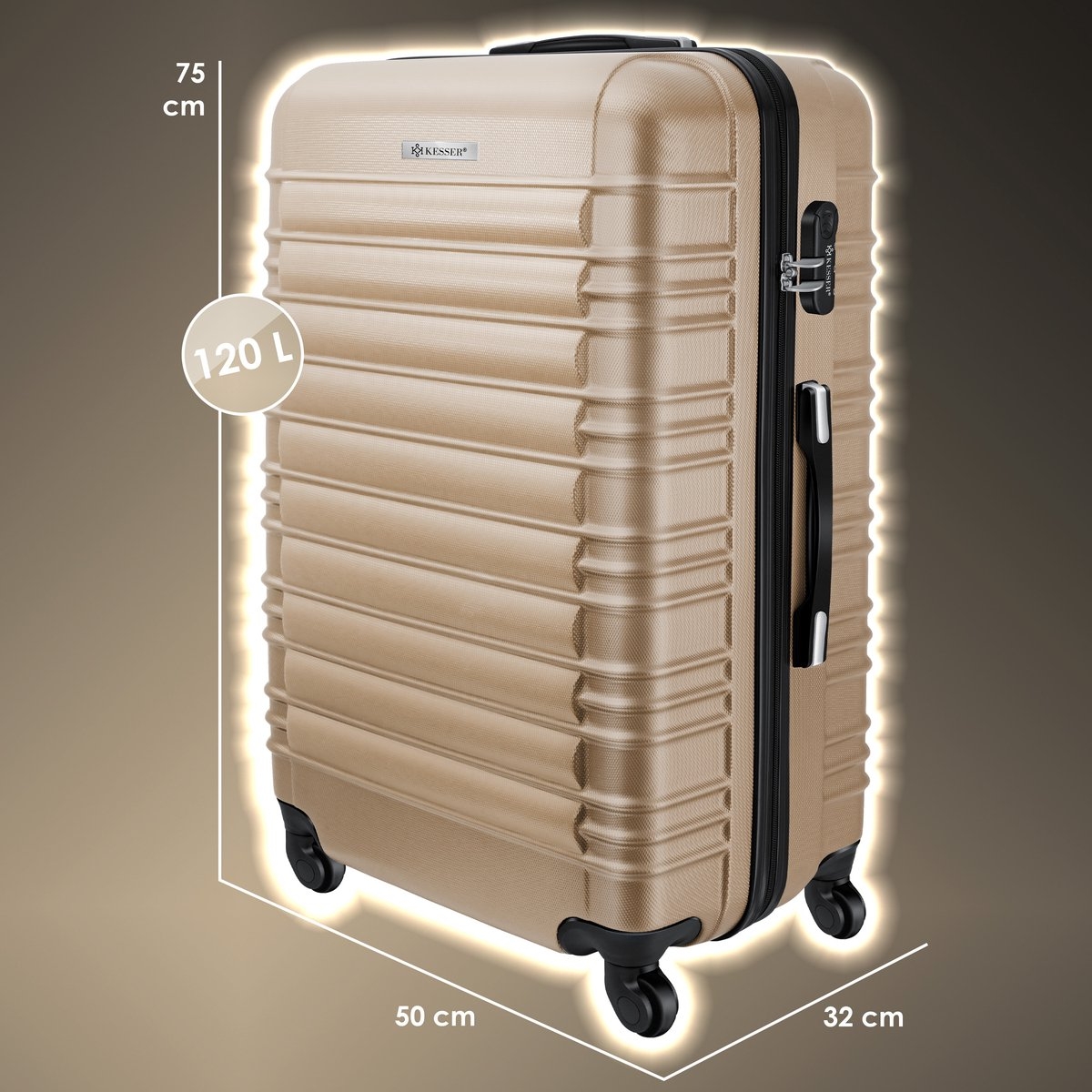 Koffer / Reiskoffer met 4 Wielen - 120 liter - 75 cm - met slot - ABS hardcase - telescopisch handvat - champagnekleur - Afbeelding 11