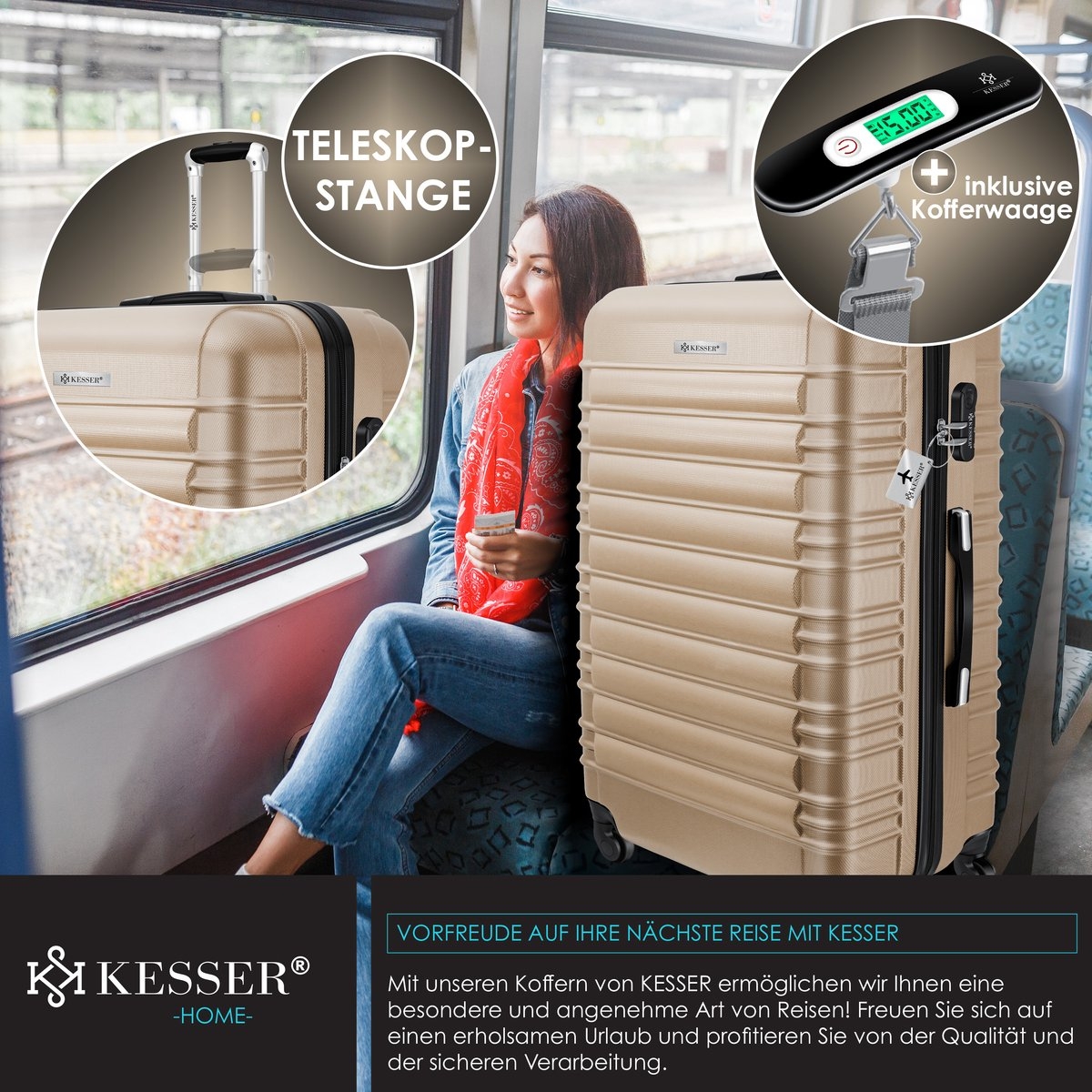 Koffer / Reiskoffer met 4 Wielen - 120 liter - 75 cm - met slot - ABS hardcase - telescopisch handvat - champagnekleur - Afbeelding 12