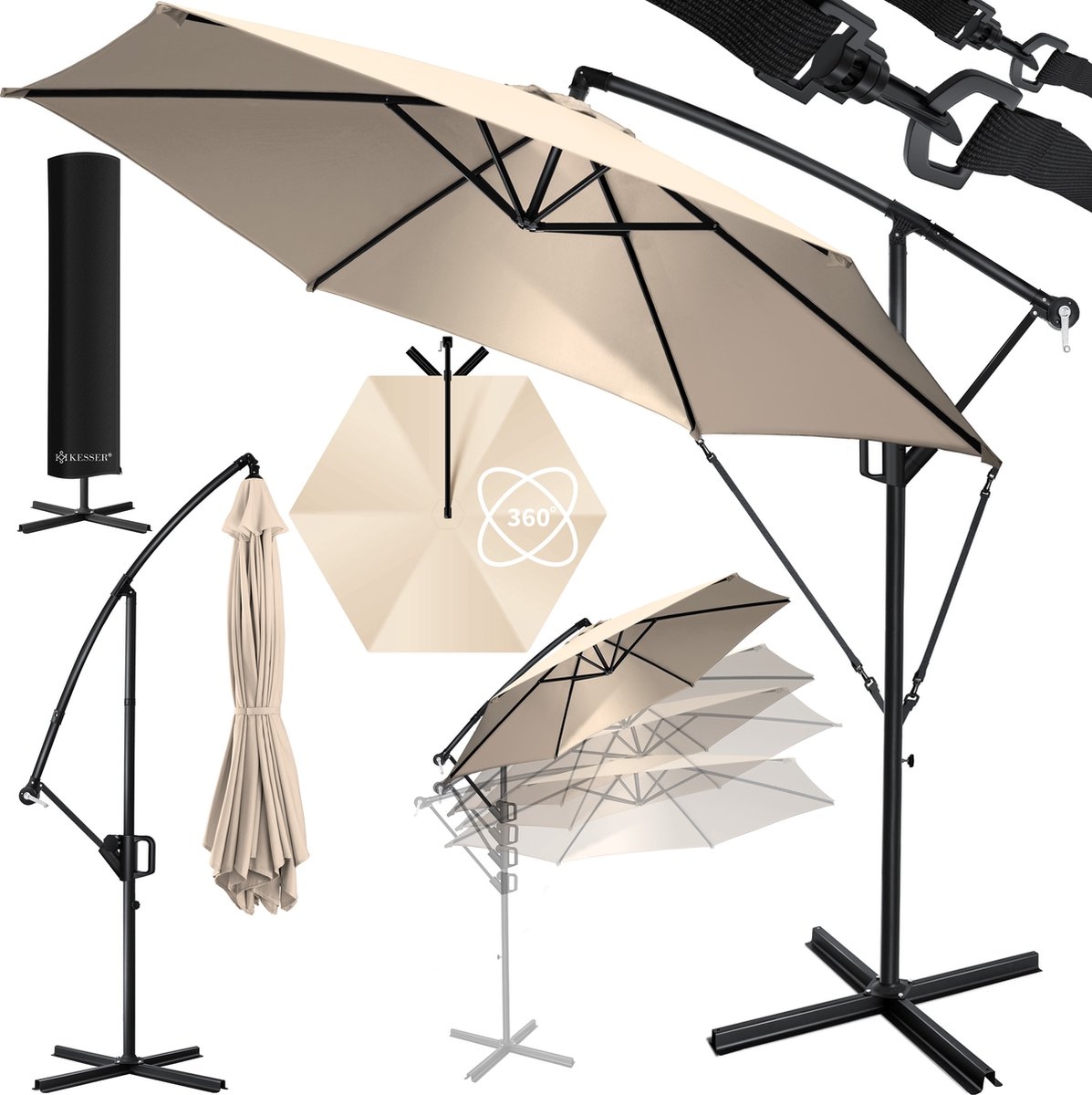 Zweefparasol met voet - diameter 300 cm - 360° draaibaar met beschermhoes - beige