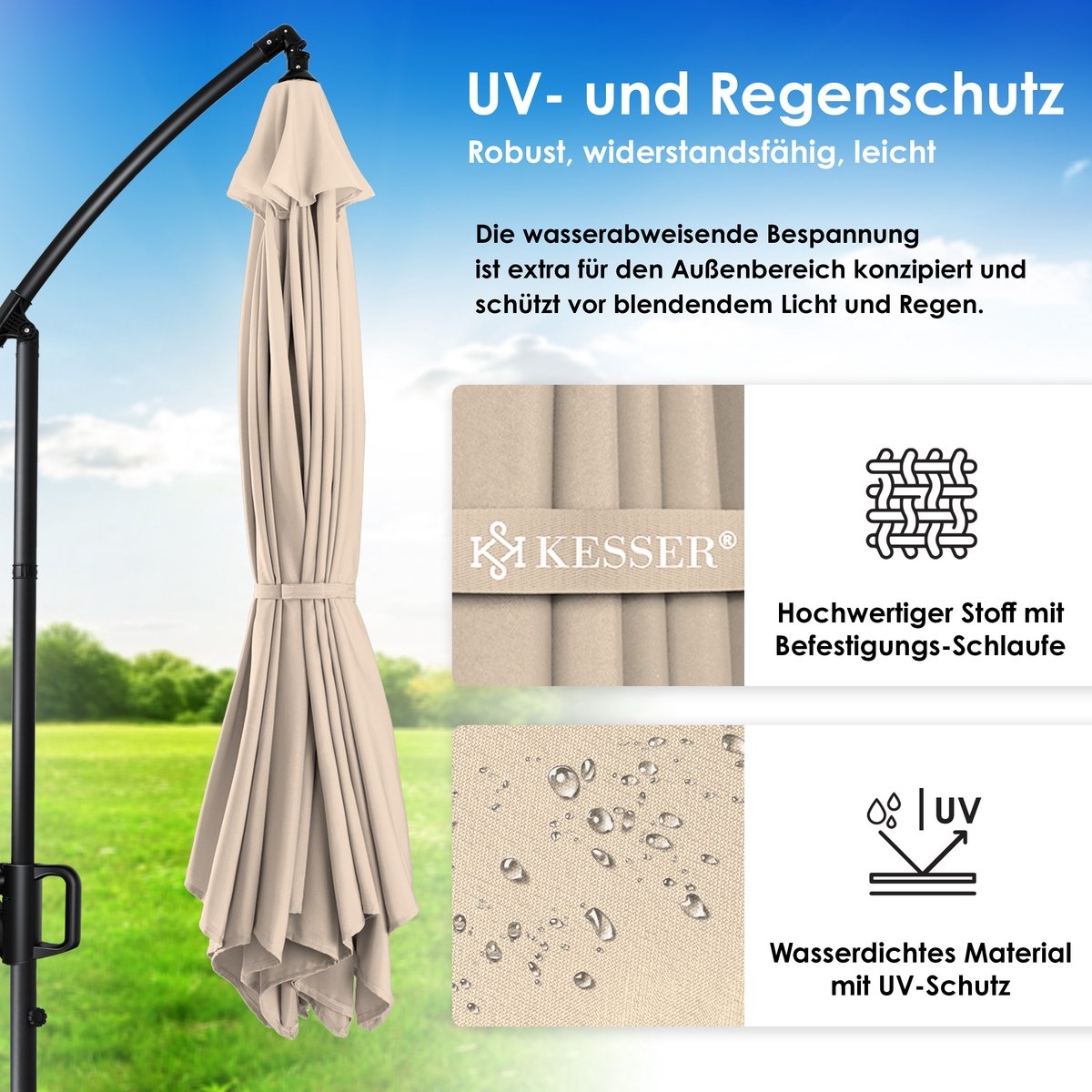 Zweefparasol met voet - diameter 300 cm - 360° draaibaar met beschermhoes - beige - Afbeelding 3