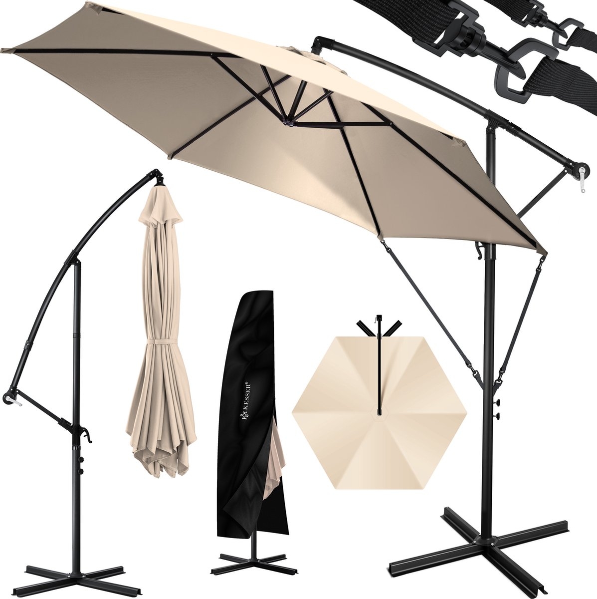 Zweefparasol met voet - diameter 300 cm - 360° draaibaar met beschermhoes - beige - Afbeelding 4