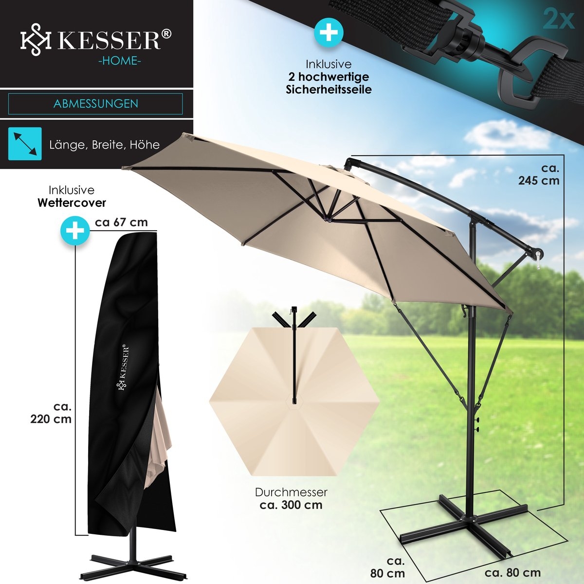 Zweefparasol met voet - diameter 300 cm - 360° draaibaar met beschermhoes - beige - Afbeelding 5