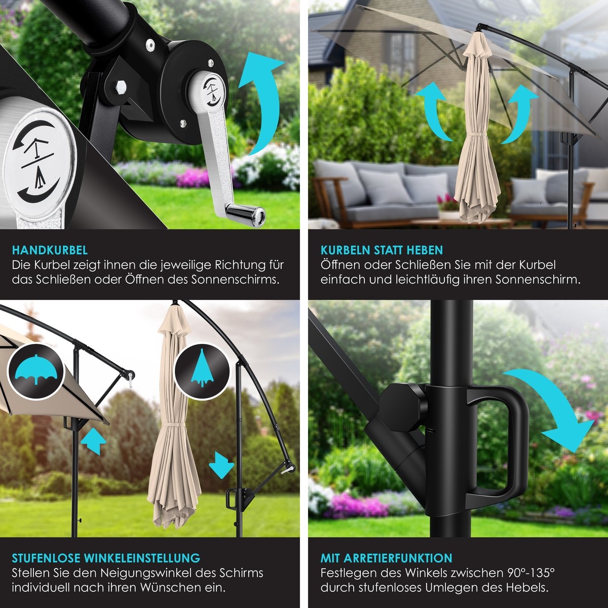 Zweefparasol met voet - diameter 300 cm - 360° draaibaar met beschermhoes - beige - Afbeelding 8