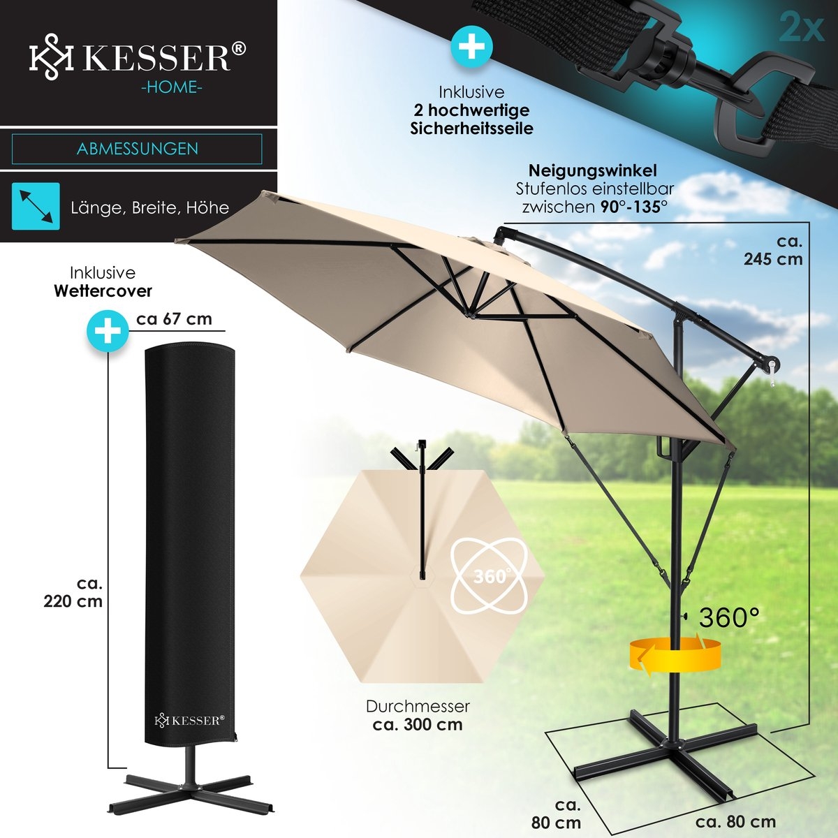 Zweefparasol met voet - diameter 300 cm - 360° draaibaar met beschermhoes - beige - Afbeelding 10