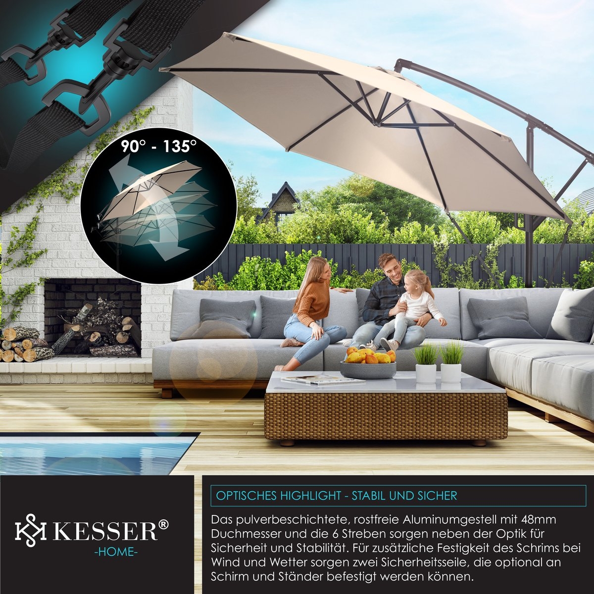 Zweefparasol met voet - diameter 300 cm - 360° draaibaar met beschermhoes - beige - Afbeelding 12