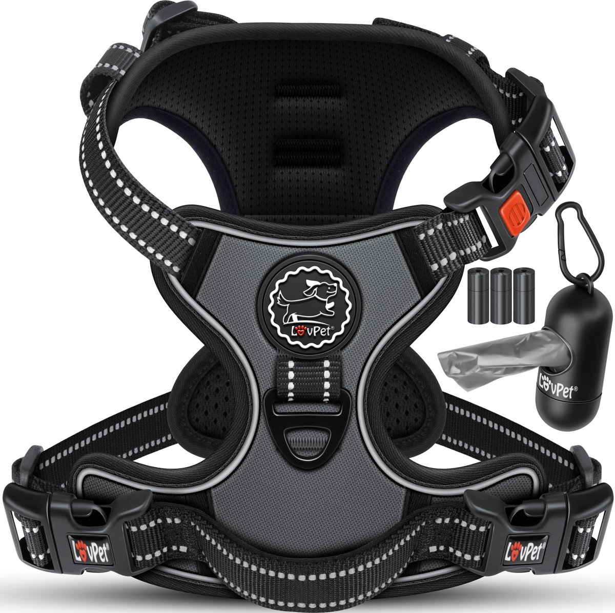 Reflecterende hondentuigje - hondenharnas - maat M - anti-trek tuig - verstelbaar met handvat - antraciet