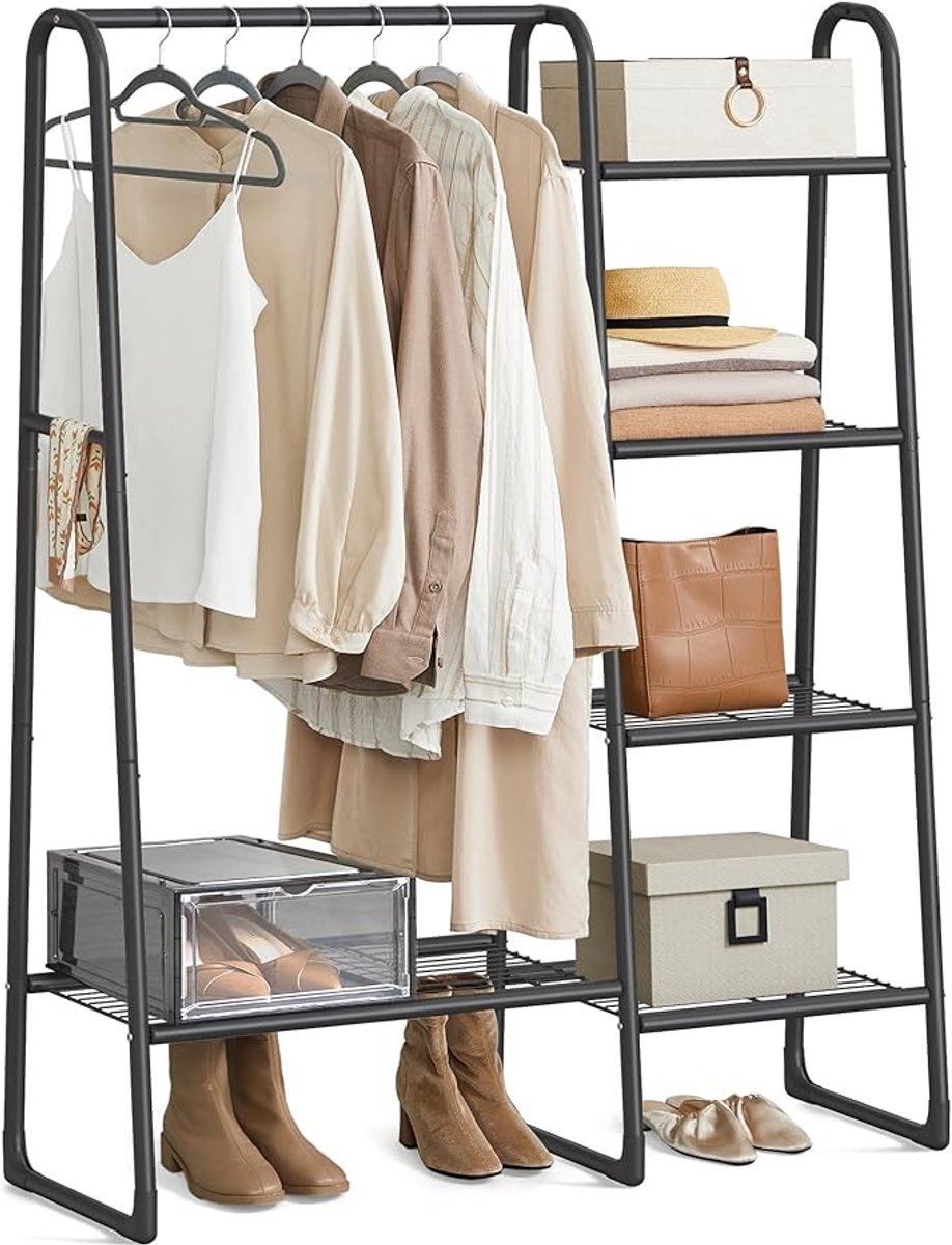 Kledingrek - open slaapkamerkast met 5 niveaus - hoogte 153 cm - metalen frame - zwart - HSR138B01