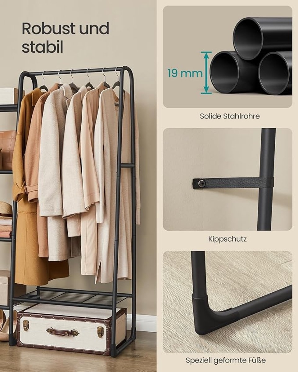 Kledingrek - open slaapkamerkast met 5 niveaus - hoogte 153 cm - metalen frame - zwart - HSR138B01 - Afbeelding 3