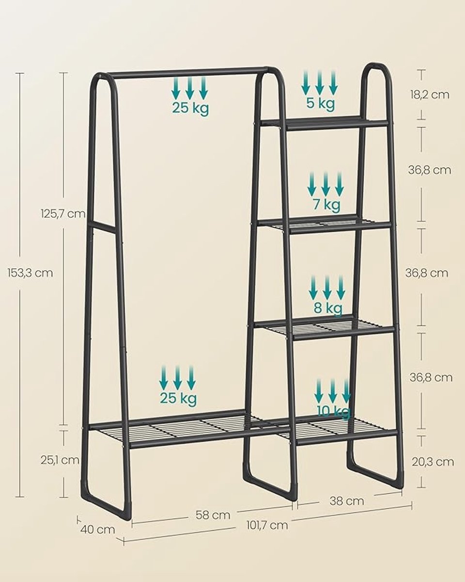 Kledingrek - open slaapkamerkast met 5 niveaus - hoogte 153 cm - metalen frame - zwart - HSR138B01 - Afbeelding 4