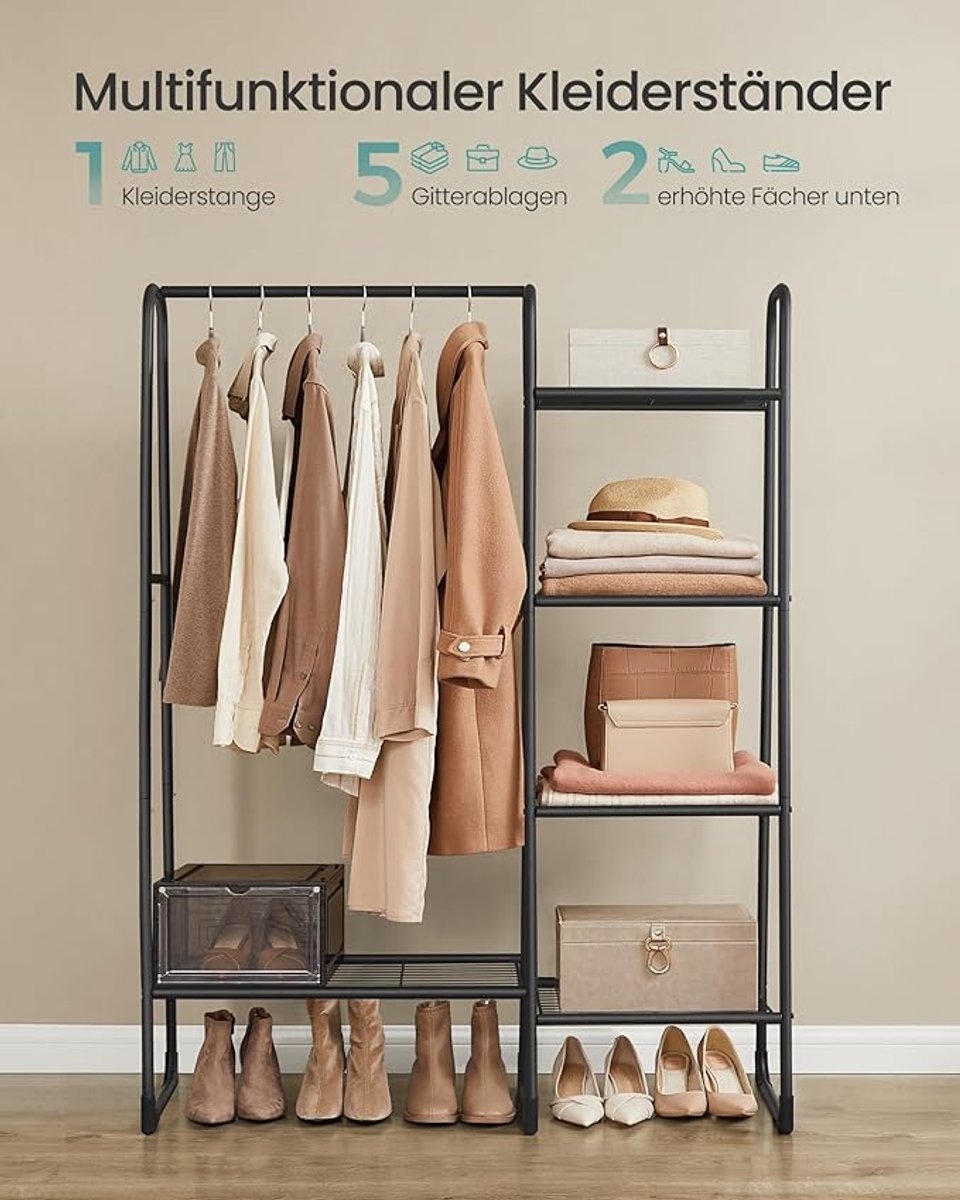 Kledingrek - open slaapkamerkast met 5 niveaus - hoogte 153 cm - metalen frame - zwart - HSR138B01 - Afbeelding 5