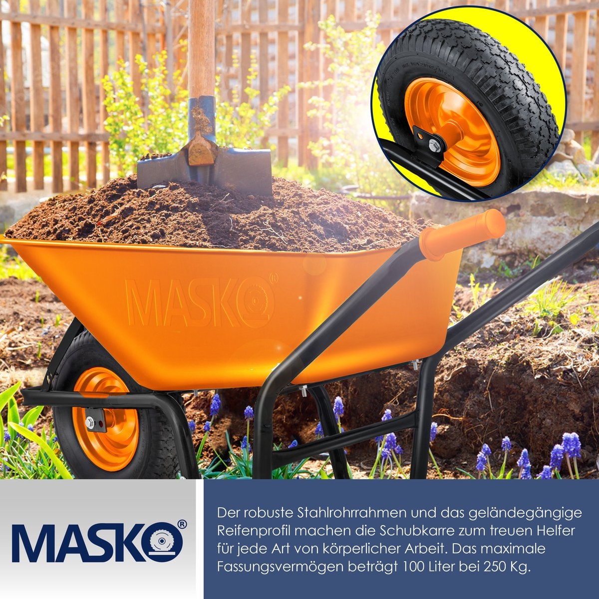 Kruiwagen 100L met luchtband - max. 250kg laadvermogen - oranje - Afbeelding 2