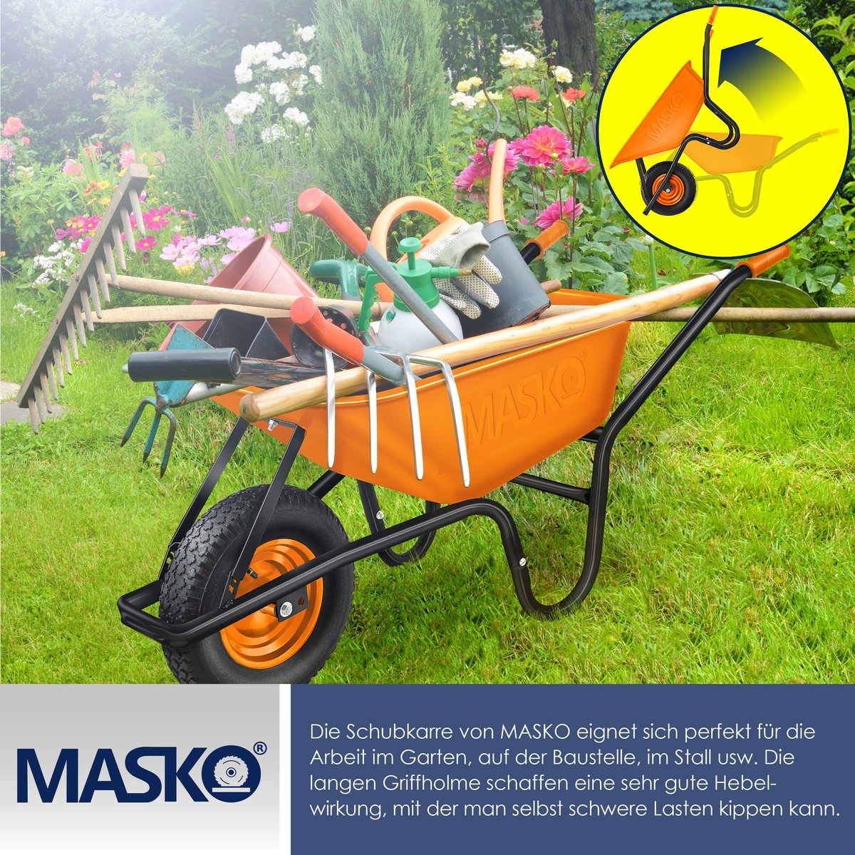 Kruiwagen 100L met luchtband - max. 250kg laadvermogen - oranje - Afbeelding 6