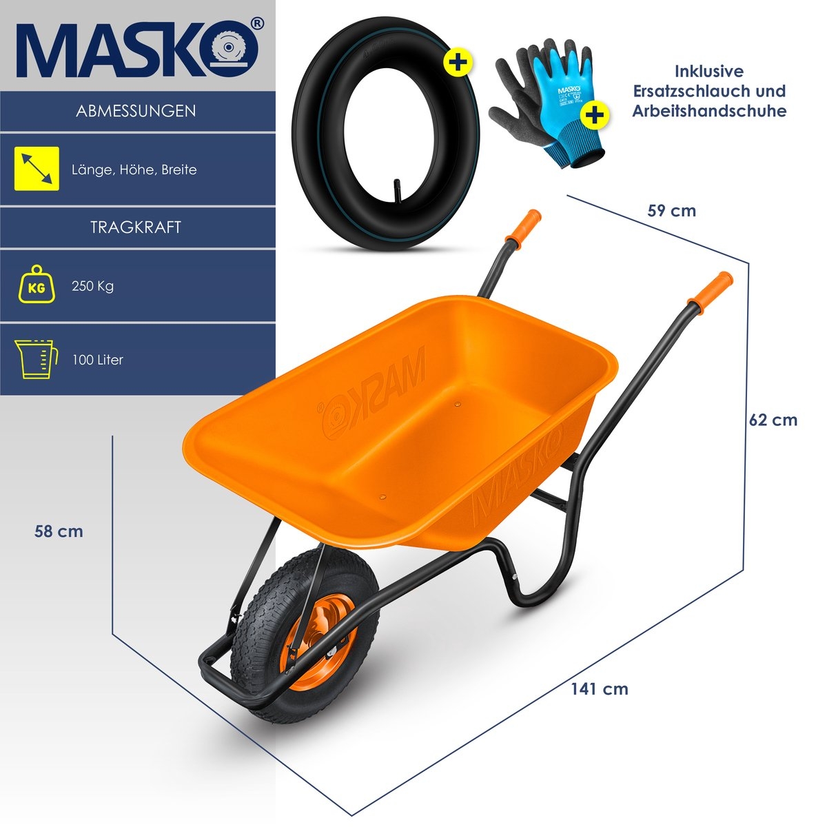 Kruiwagen 100L met luchtband - max. 250kg laadvermogen - oranje - Afbeelding 7