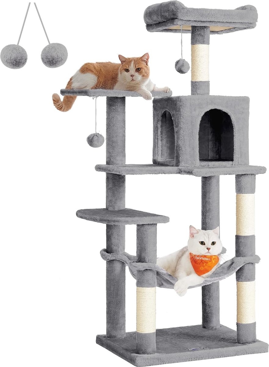 Krabpaal kat - kattenboom - met hangmat - 143 cm - 5 niveau's - lichtgrijs - PCT161W01