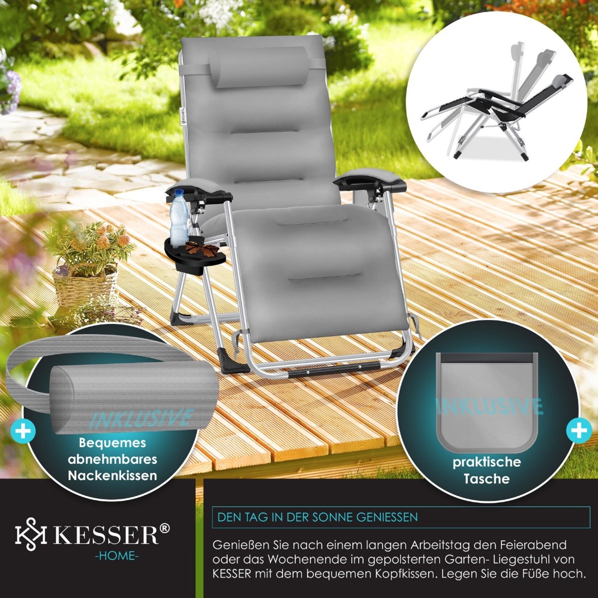 Ligstoel - opvouwbare tuinligstoel - kampeerstoel - 3 in 1 -extra breed en weerbestendig - draagvermogen 200 kg - Afbeelding 4