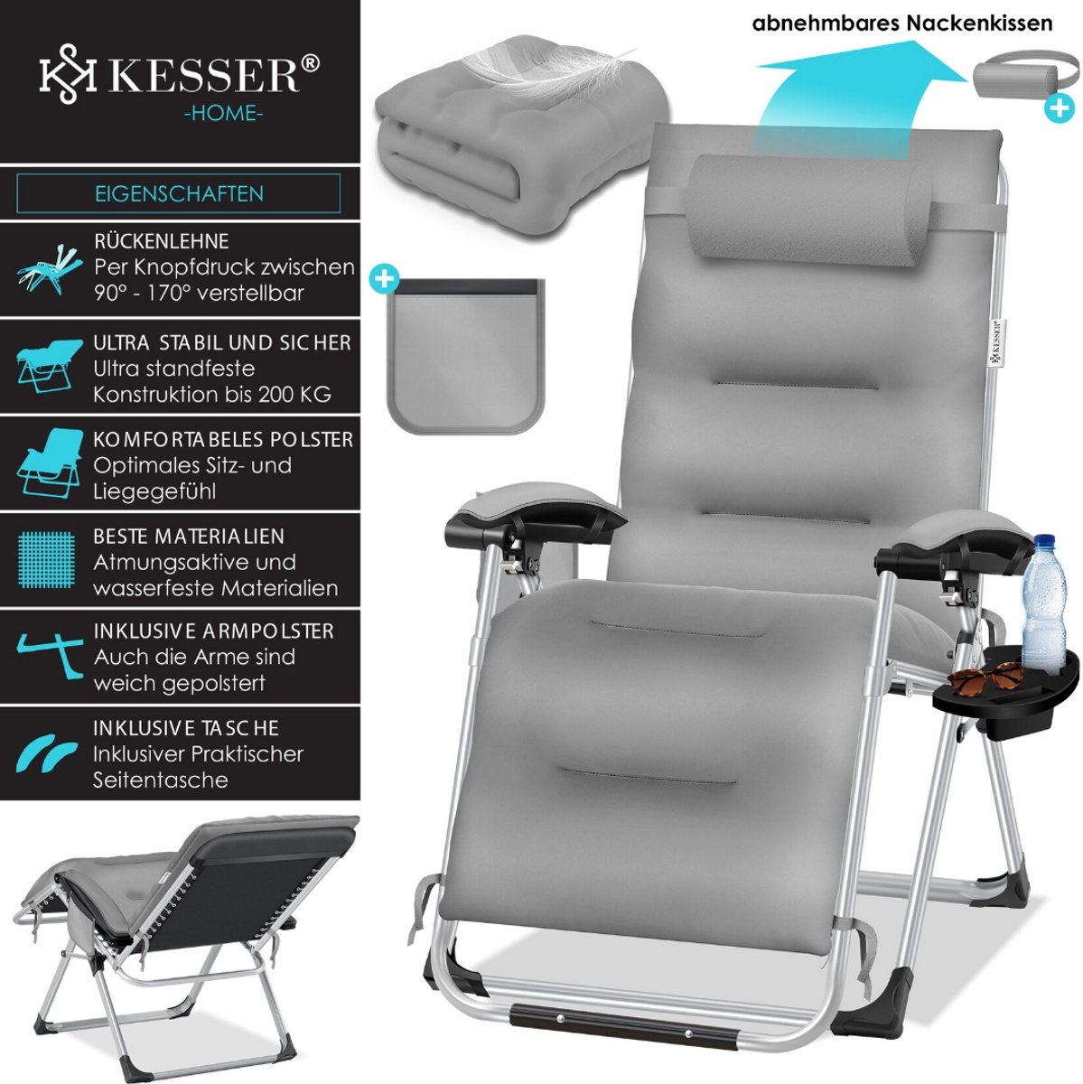 Ligstoel - opvouwbare tuinligstoel - kampeerstoel - 3 in 1 -extra breed en weerbestendig - draagvermogen 200 kg - Afbeelding 6