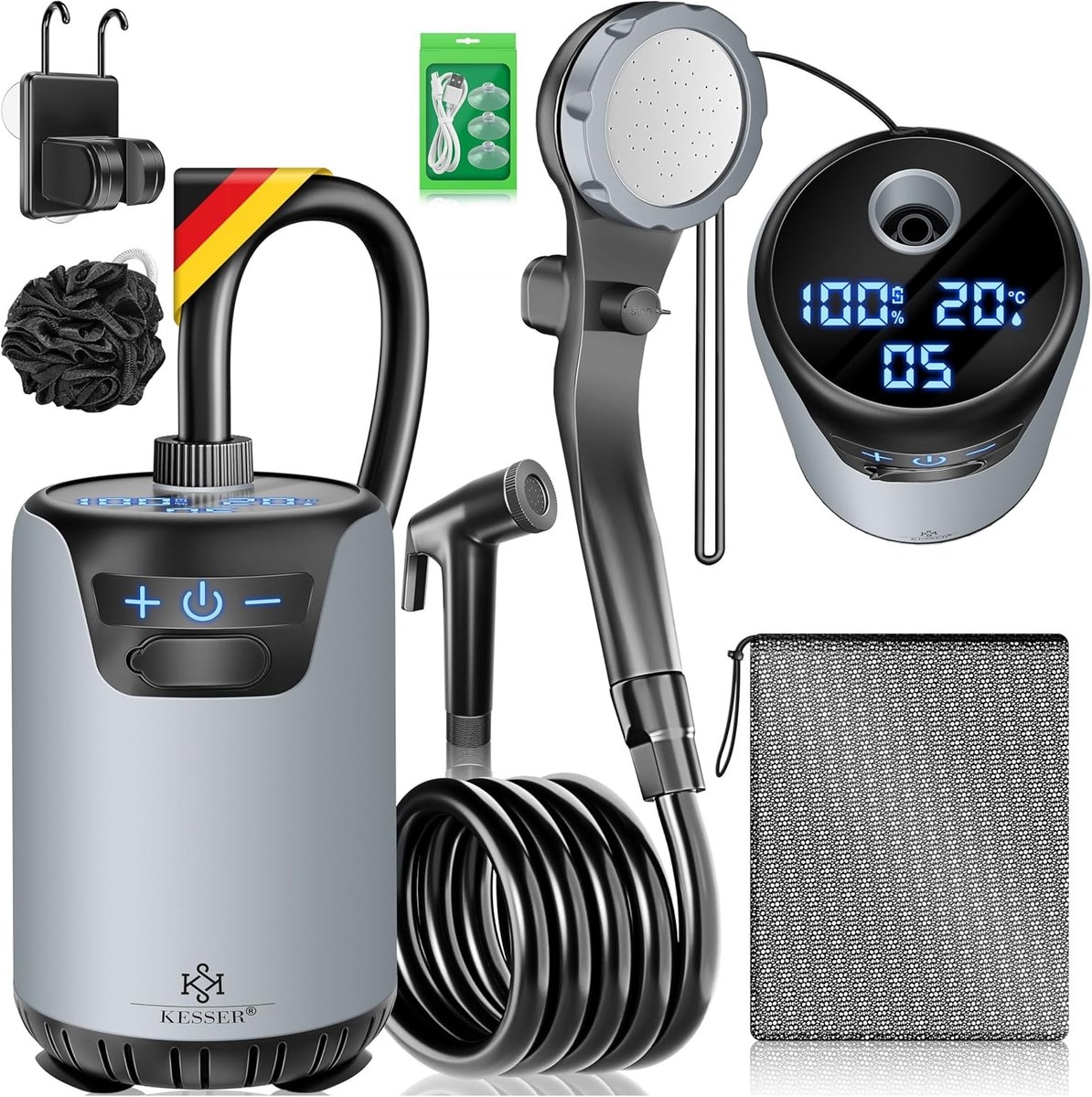 Campingdouche - solardouche met pomp - kampeerdouche - oplaadbare accu, 4000 mAh - inclusief verstelbare douchekop met 2 meter slang