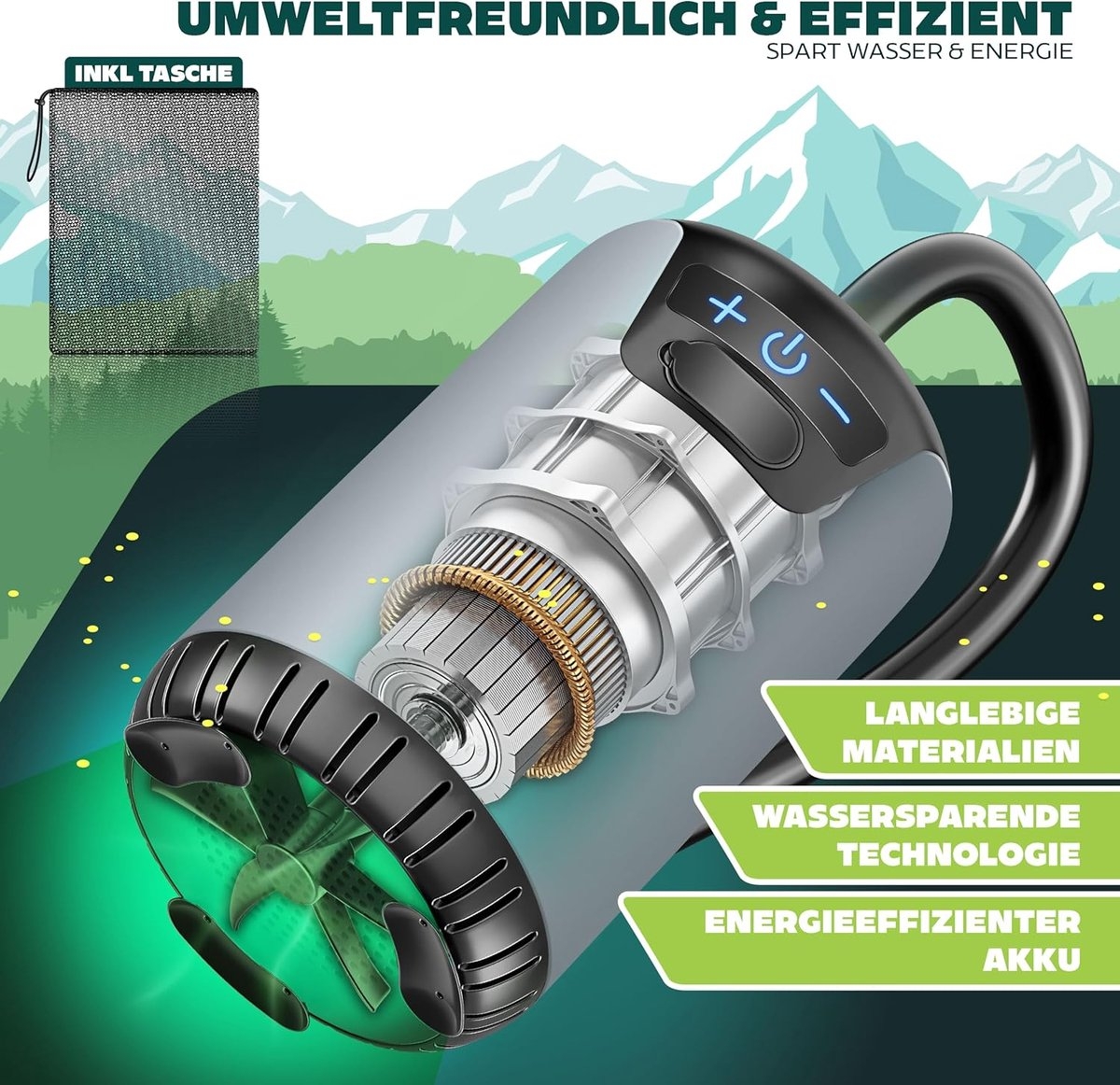 Campingdouche - solardouche met pomp - kampeerdouche - oplaadbare accu, 4000 mAh - inclusief verstelbare douchekop met 2 meter slang - Afbeelding 3