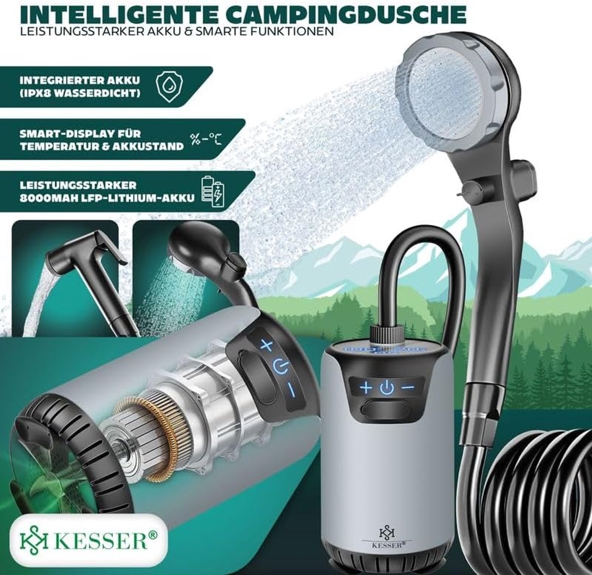 Campingdouche - solardouche met pomp - kampeerdouche - oplaadbare accu, 4000 mAh - inclusief verstelbare douchekop met 2 meter slang - Afbeelding 4
