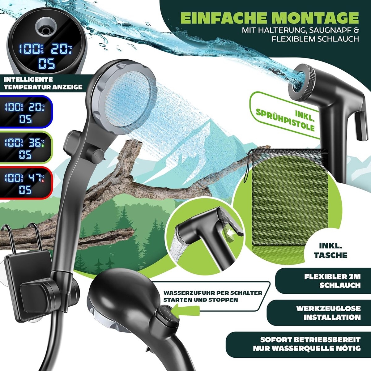 Campingdouche - solardouche met pomp - kampeerdouche - oplaadbare accu, 4000 mAh - inclusief verstelbare douchekop met 2 meter slang - Afbeelding 5