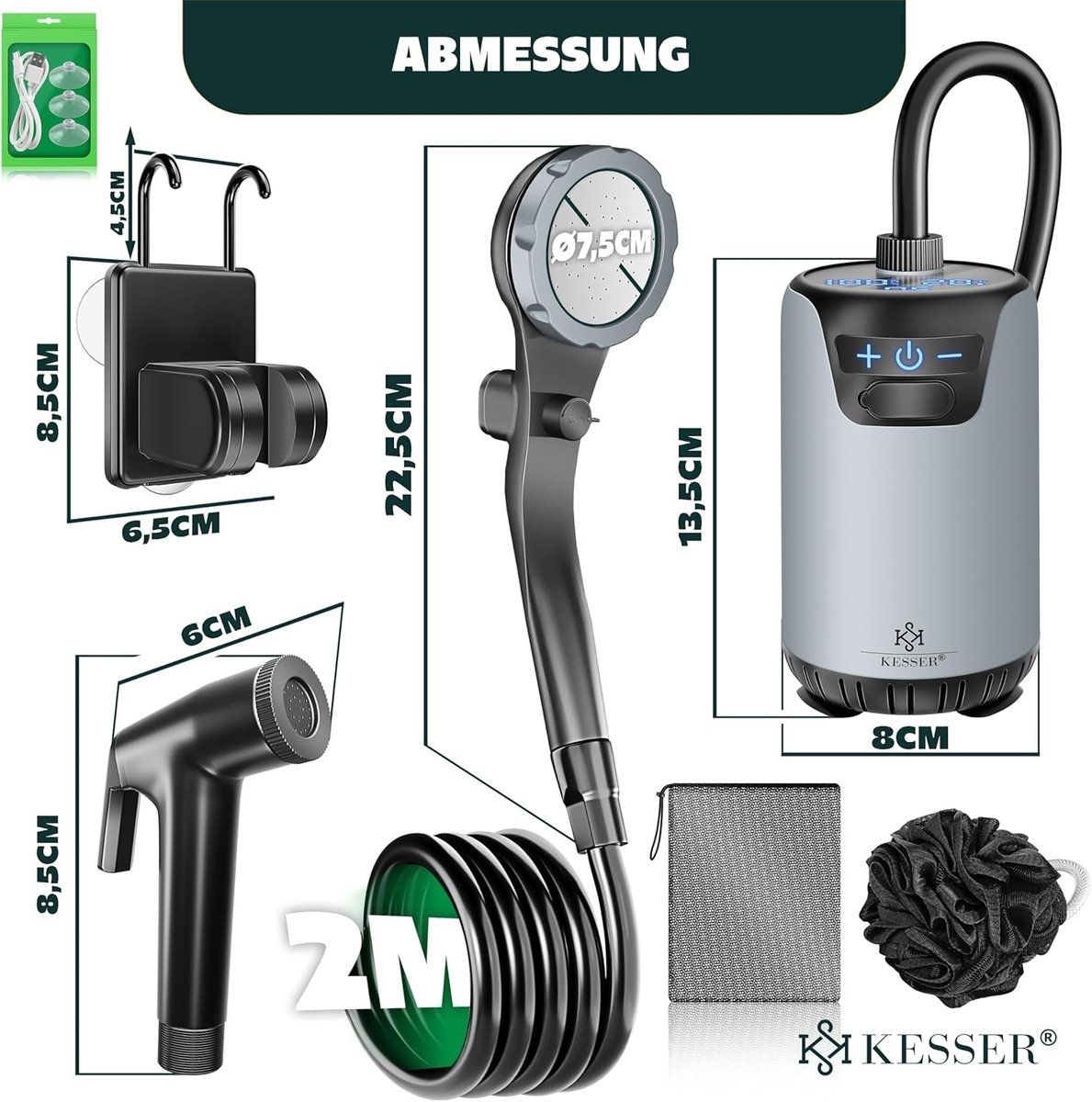 Campingdouche - solardouche met pomp - kampeerdouche - oplaadbare accu, 4000 mAh - inclusief verstelbare douchekop met 2 meter slang - Afbeelding 6