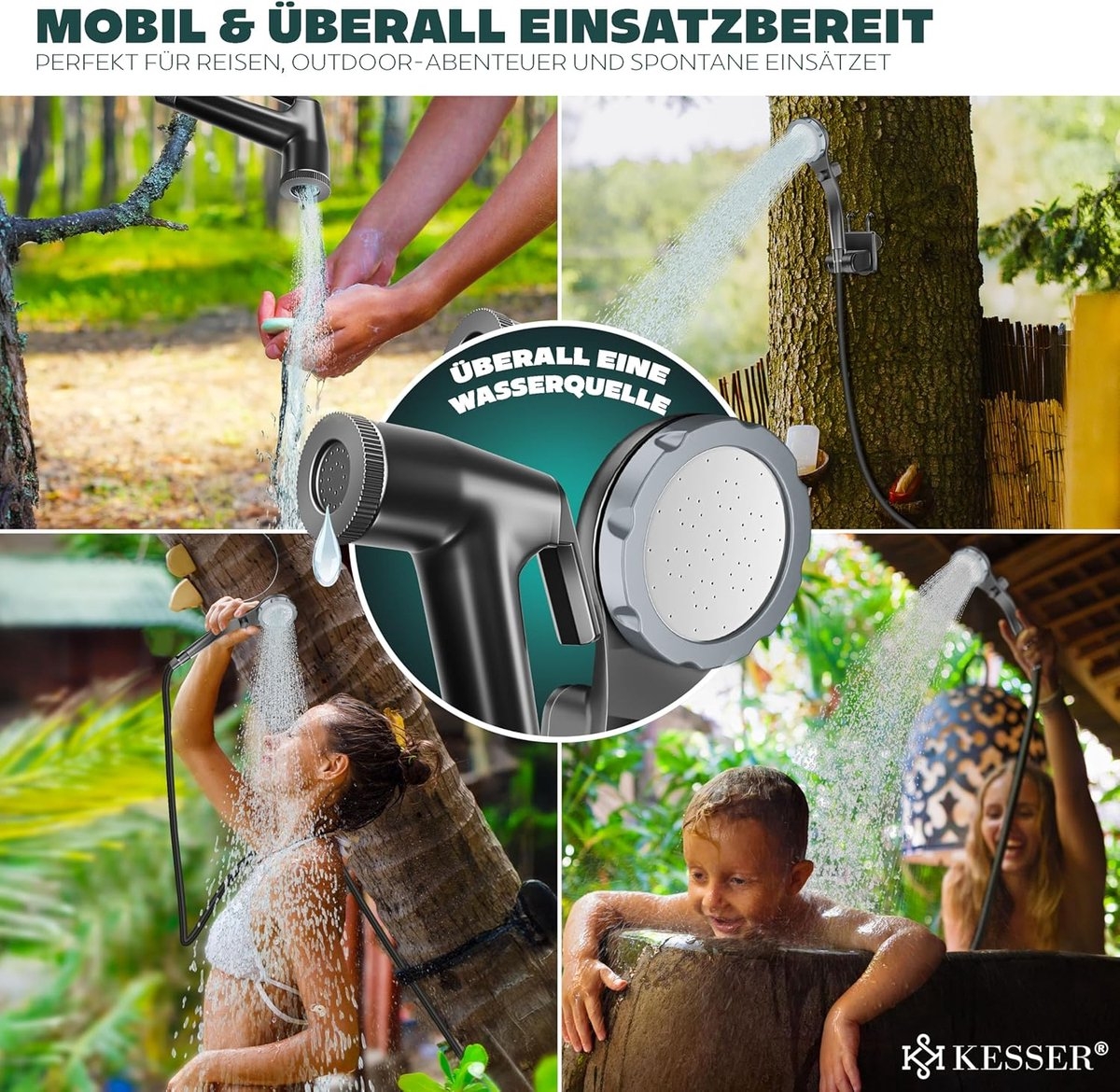 Campingdouche - solardouche met pomp - kampeerdouche - oplaadbare accu, 4000 mAh - inclusief verstelbare douchekop met 2 meter slang - Afbeelding 7