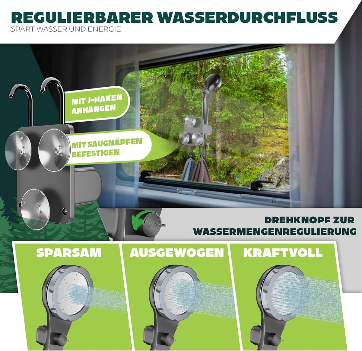Campingdouche - solardouche met pomp - kampeerdouche - oplaadbare accu, 4000 mAh - inclusief verstelbare douchekop met 2 meter slang - Afbeelding 8