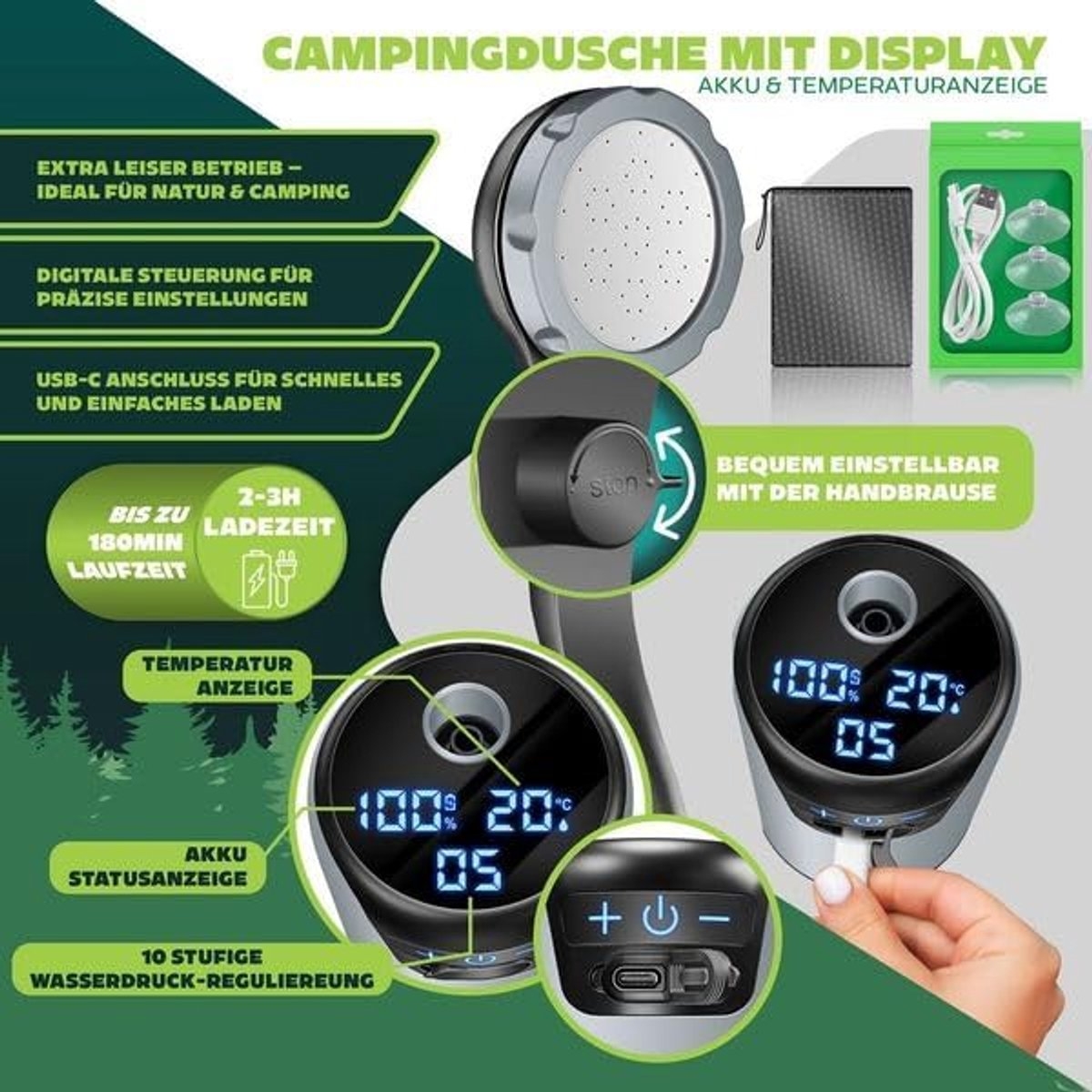Campingdouche - solardouche met pomp - kampeerdouche - oplaadbare accu, 4000 mAh - inclusief verstelbare douchekop met 2 meter slang - Afbeelding 9