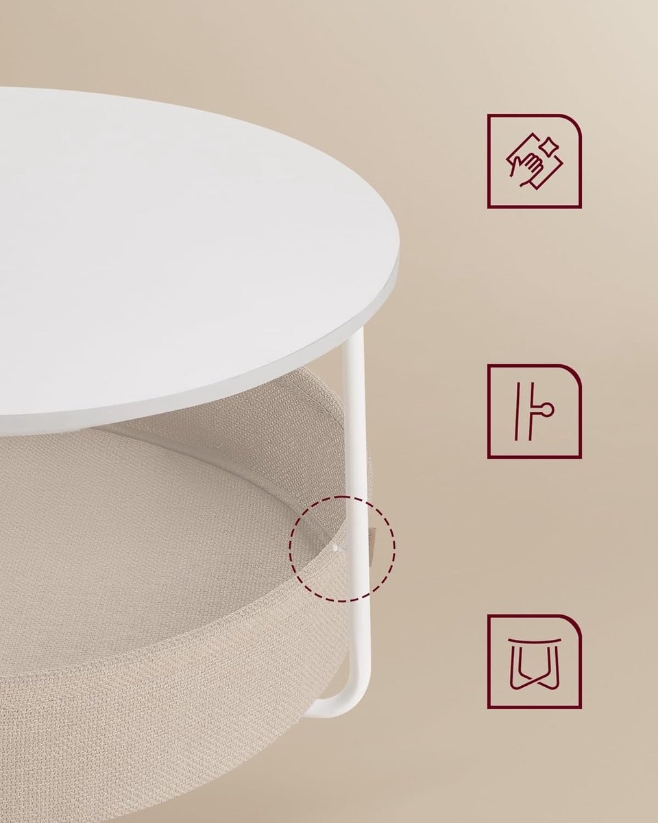 VASAGLE - ronde salontafel met opbergbak – modern design met stoffen mand - wit en bruin – LCT244W10 - Afbeelding 2
