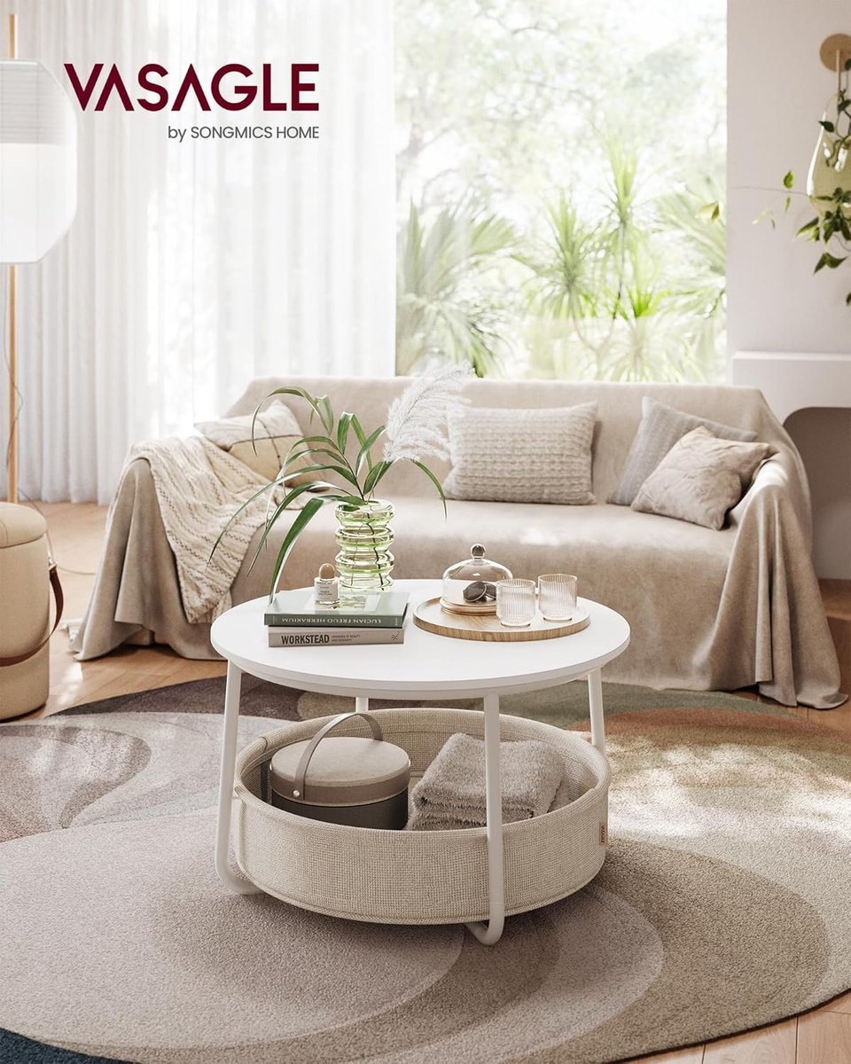 VASAGLE - ronde salontafel met opbergbak – modern design met stoffen mand - wit en bruin – LCT244W10 - Afbeelding 3
