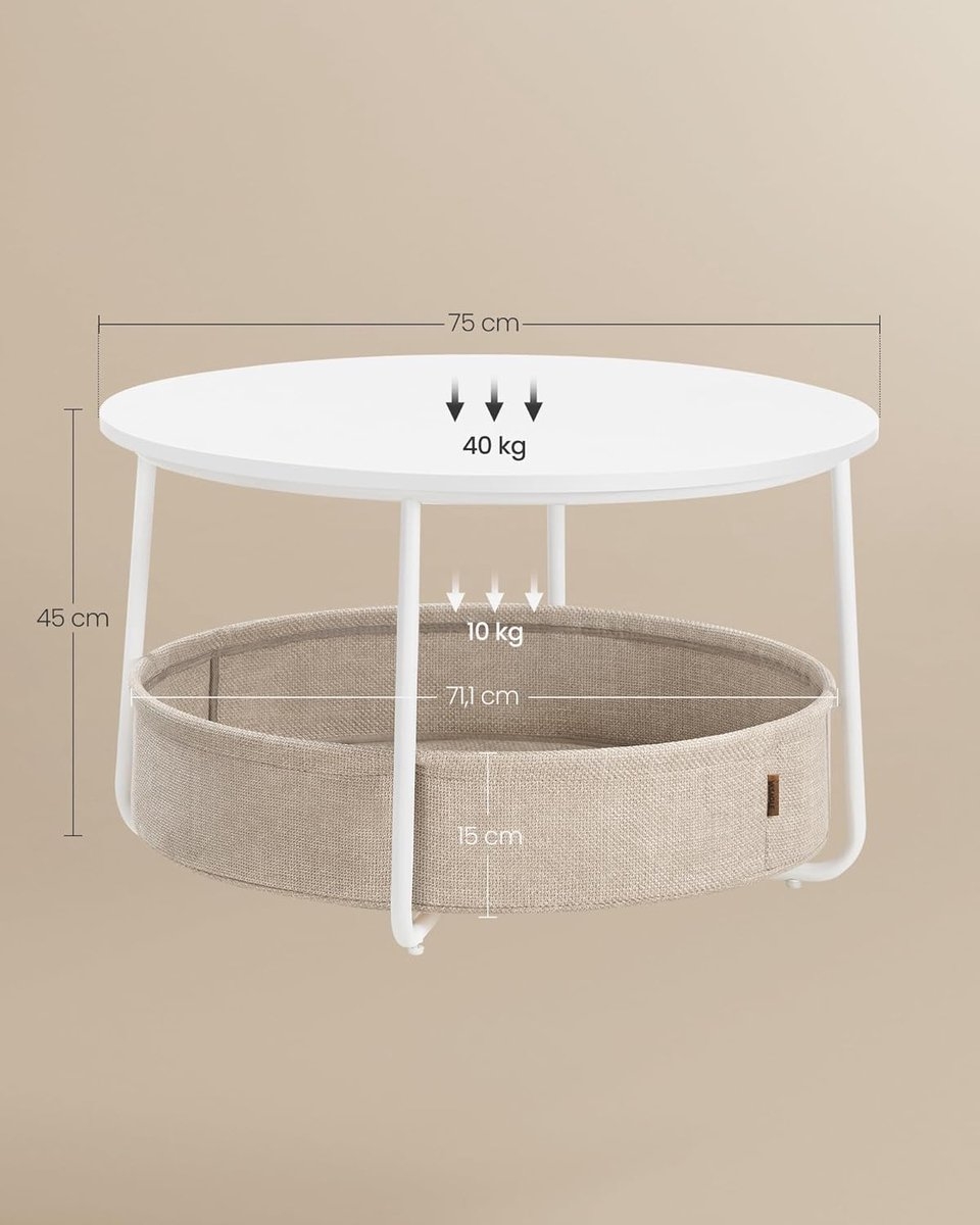 VASAGLE - ronde salontafel met opbergbak – modern design met stoffen mand - wit en bruin – LCT244W10 - Afbeelding 4