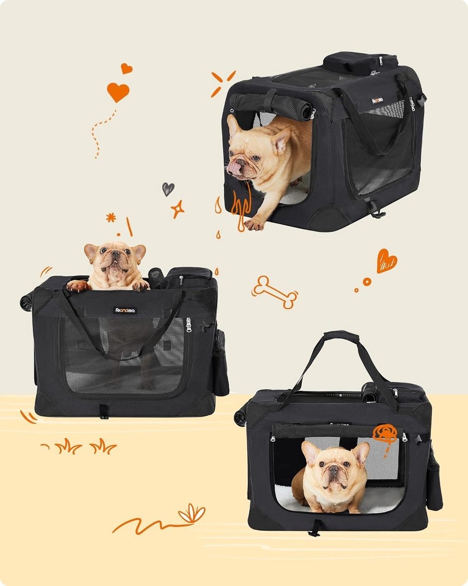 Transport box hond en kat - maat S 50x35x35 cm - draagbaar hondenhok - opvouwbaar - zwart - PDC50H - Afbeelding 3