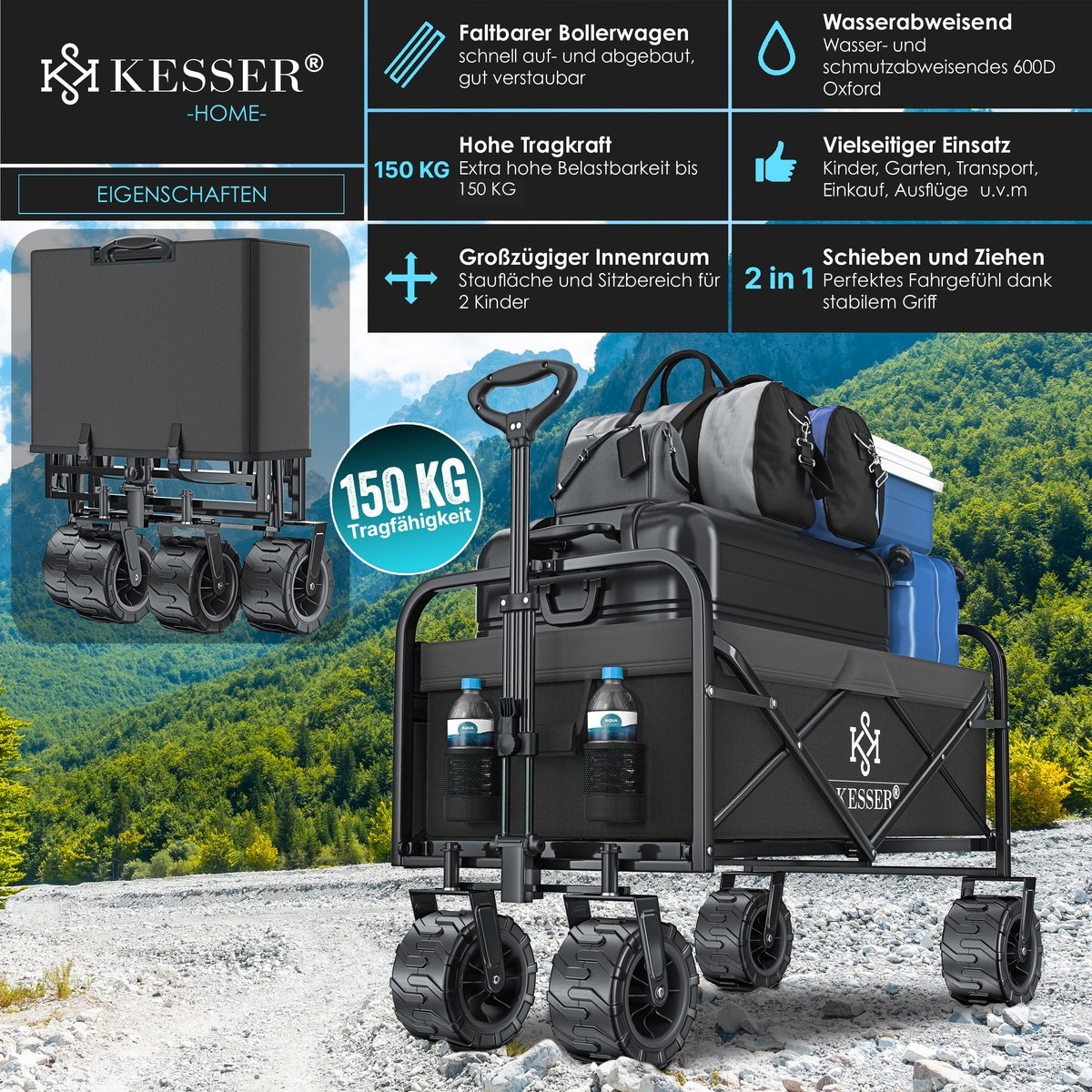 Opvouwbaar bolderwagen - tot 120 kg draagvermogen - bak afmeting 92x56 cm - zwart met grijs - Afbeelding 5