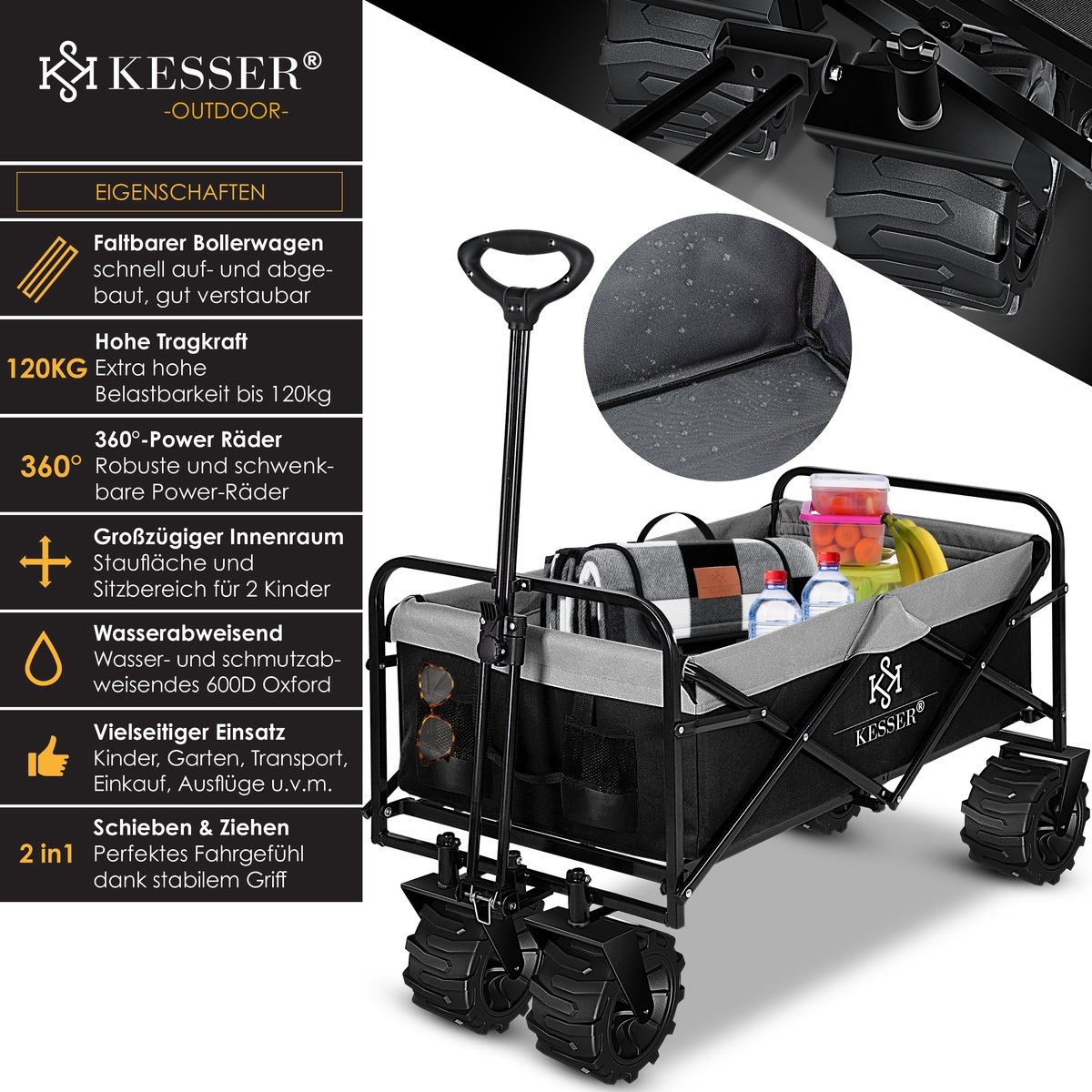 Opvouwbaar bolderwagen - tot 120 kg draagvermogen - bak afmeting 92x56 cm - zwart met grijs - Afbeelding 8