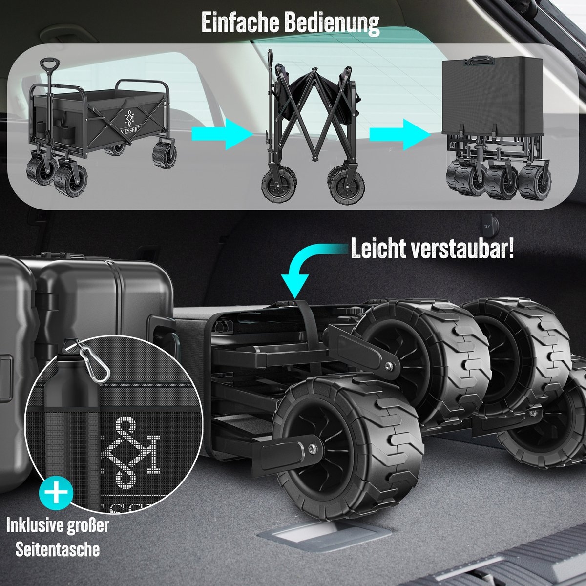 Opvouwbaar bolderwagen - tot 120 kg draagvermogen - bak afmeting 92x56 cm - zwart met grijs - Afbeelding 12